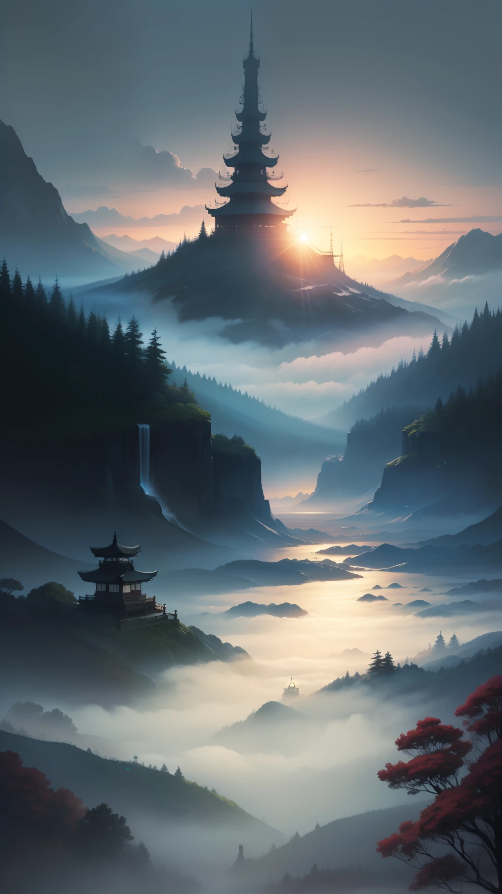 illutst、Drawn with crayons、Artstick、Japanese landscape、mystical、A foggy world、backgrounds、landscapes、Fantasia