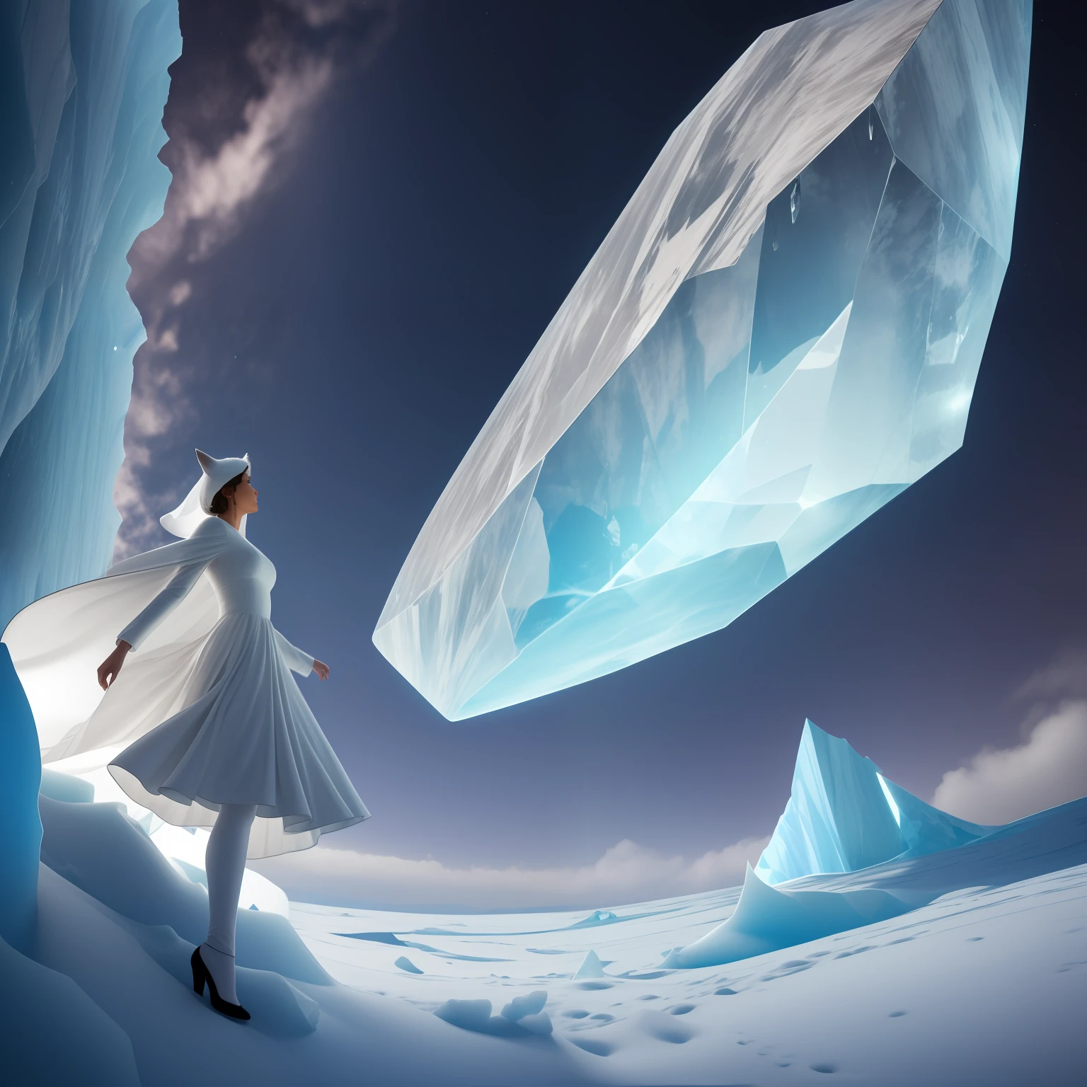White Catwoman looking up at a breathtaking of an enormous crystal iceberg suspended in mid-flight, rising majestically above the serene, barren landscape below. The massive crystal is illuminated by a single, brilliant light, creating a mesmerizing and magical effect. The image is made possible by a wide aperture, large aperture lens, and a large depth of field, all within a breathtaking environment. telephoto lens, large aperture, wide-angle lens, wide-angle base