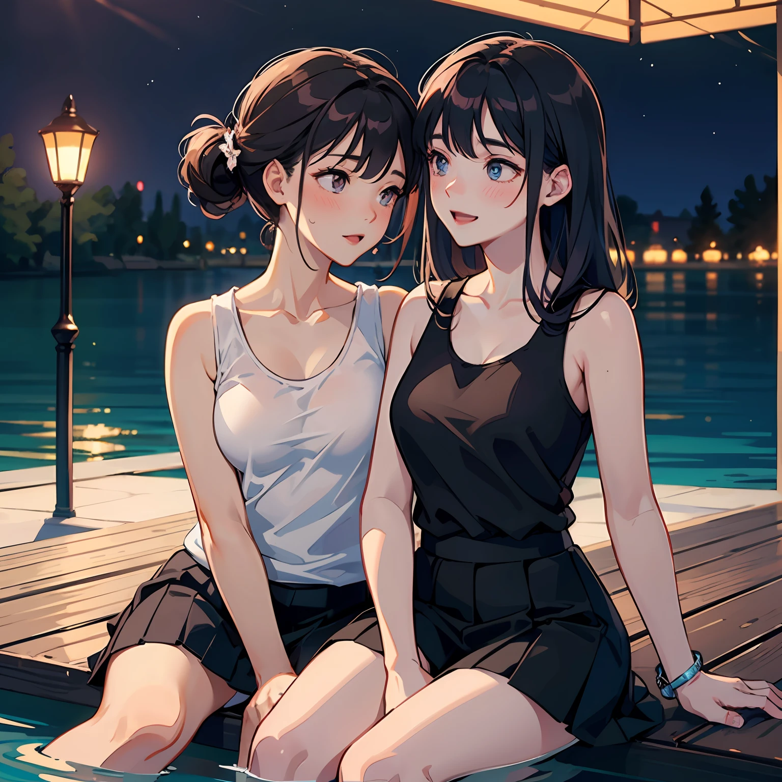 Two women having fun in the lake、lewd:1,2、Metamorphosis:1,2、NSFW:1,2、Lesbian Yuri:1,2、blushes、Wear a tank top and skirt、((night))、