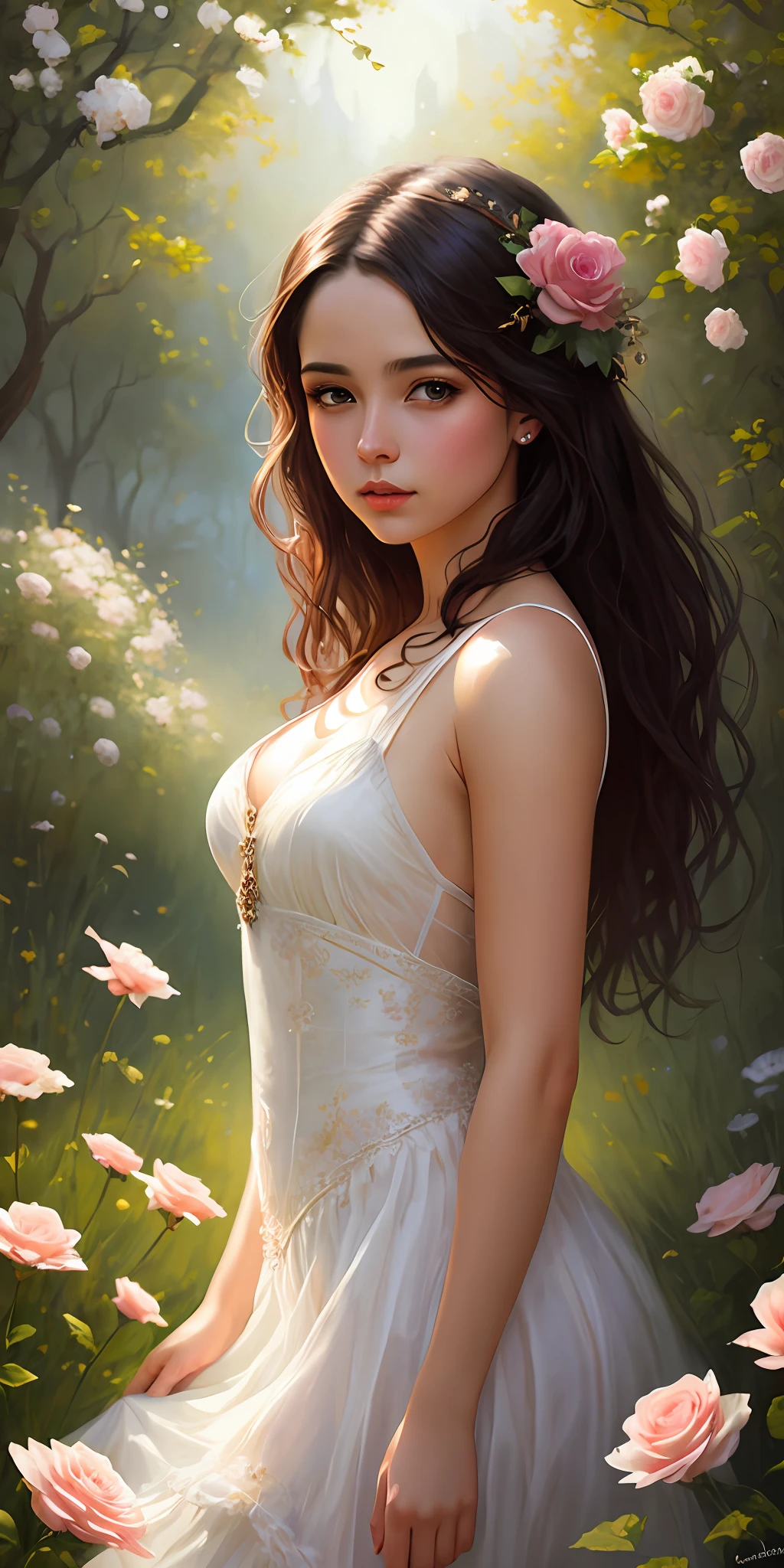Una pintura de una mujer con un vestido blanco transparente rodeado de rosas rosadas, inspirado por Cynthia Sheppard, Una diosa en un campo de flores, beautiful fantasy painting, romanticism art style, hermosa doncella, beautiful fantasy art, beautiful fantasy maiden, por Cynthia Sheppard, Diosa de las flores, realistic fantasy painting, Rob Rey, breathtaking fantasy art, fantasy victorian art, Arte WLOP
