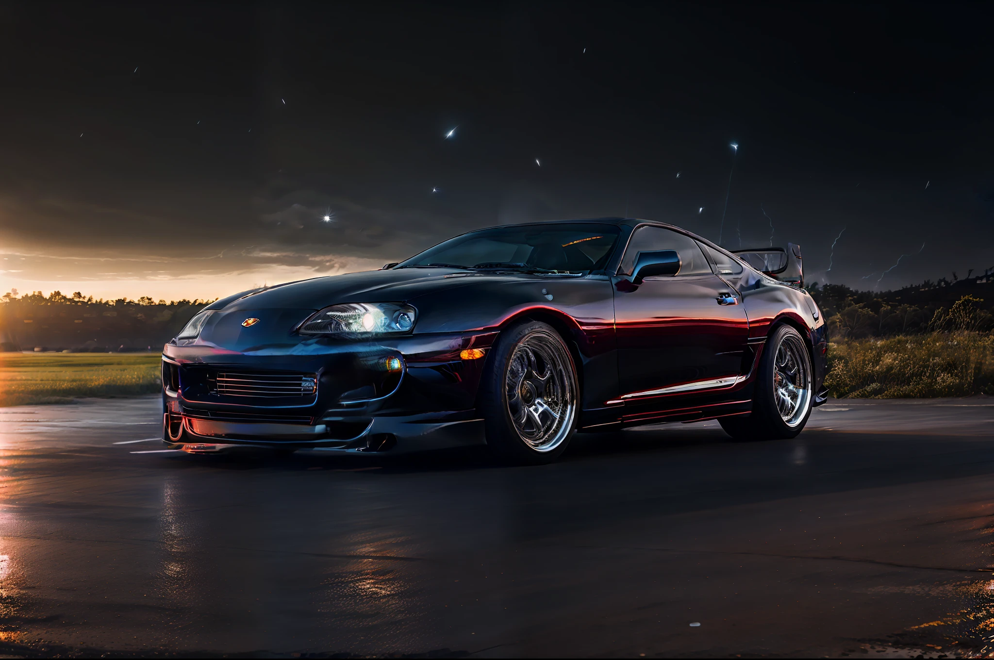 (STANCE), masterpiece,best quality,official art,extremely detailed CG unity 8k wallpaper,illustration, light,car, bright, sports car, chevrolet camaro ss, road, ((need for speed)),((NFS)), moving, wet, (((night, midnight))),neon lights,drift,  (MARKII)