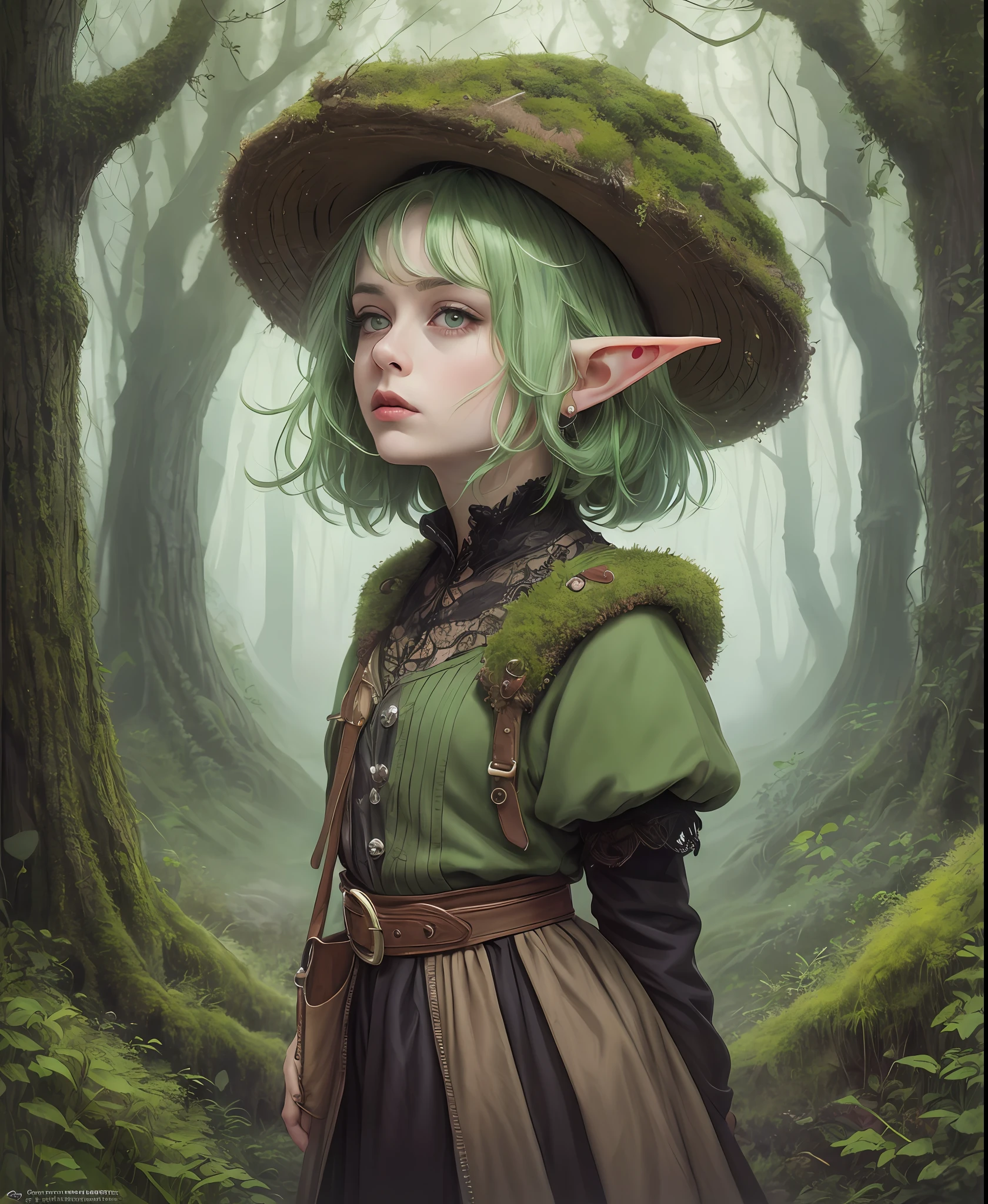 * life of a Rural elf, Lovely but thought provoking Environmental Art in the style of Andrea Kowch and Stanley Donwood, dark orange, child-like innocence, captivating gaze, prairiecore , A real life render of ((Elven character)) with real face, in the style of Oddworld and Markos Kay, with green hair, mossy clothes big boots, japanese popsurrealism, awe-inspiring. award-winning, alien forest, mossy felting art, featured on cgsociety, looks like Helena Bonham Carter, trending on artforum, expressive dynamic pose, spell magic, In the style of Gris Grimly, in the style of Naoto Hattori, character design : : gothic, anthropomorphic!! Centered in the style of Andrea Kowch, master hyperrealism meeting a surreal dreamscape in her paintings, integrating softly haunting figures with allegorical, intricate detail, attention to details, art in the style of james c. christensen, Mark ryden and Nicoletta Ceccoli spectacular quality, surrealism photography, masterpiece, perfect composition model pose ,Patrick Lichfield, rule of thirds