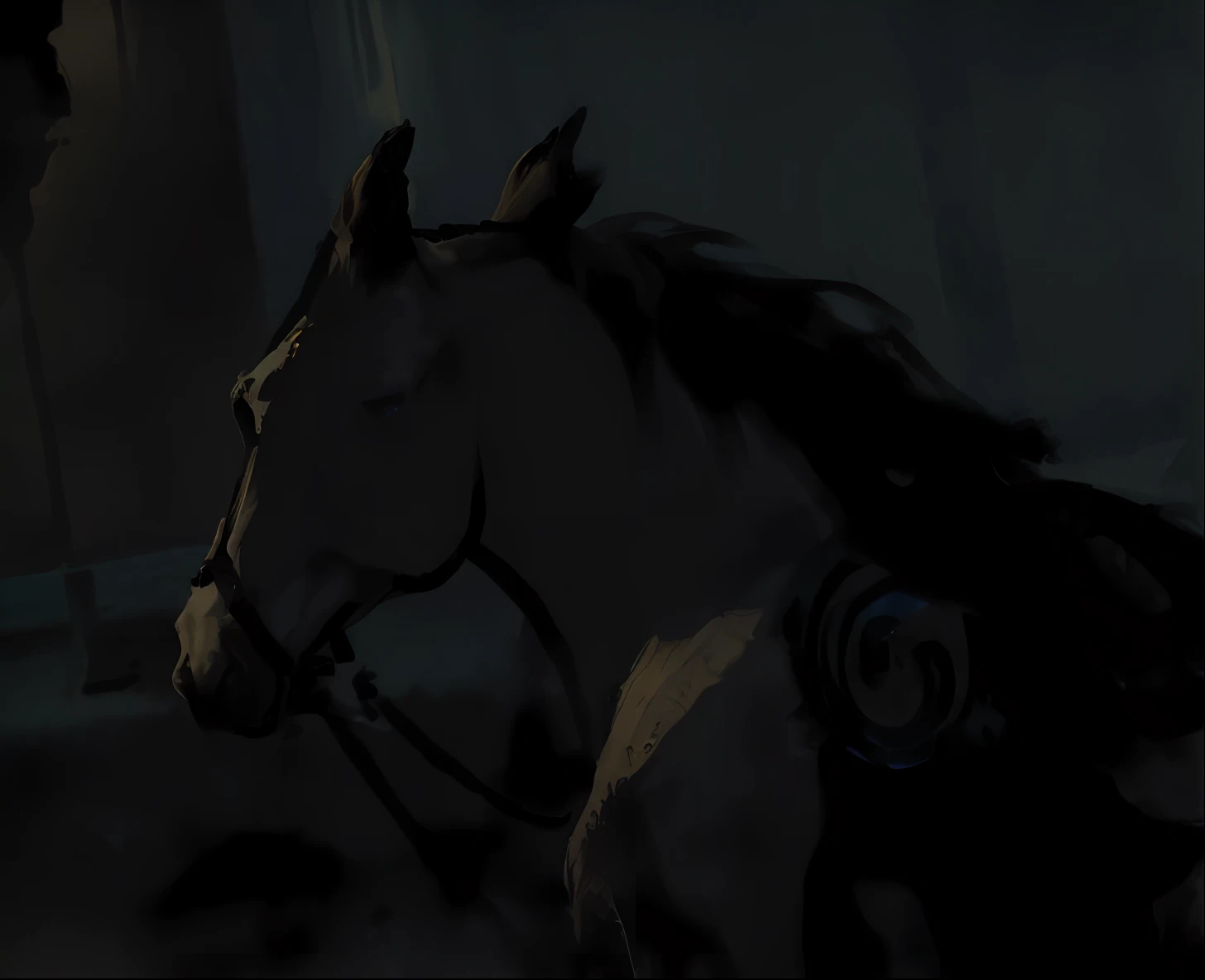 最佳品质,high - resolution,there is a horse that is standing in the dark, painted in high resolution, digital painted, twilight ; Digital painting, in stunning digital paint, dark concept art, dark high-contrast concept art, Digital painting, cavalos, a digital painting, Ultra detail. Digital painting, high detail digital painting, oil paint concept art, author:Donato Giancola,beksinski