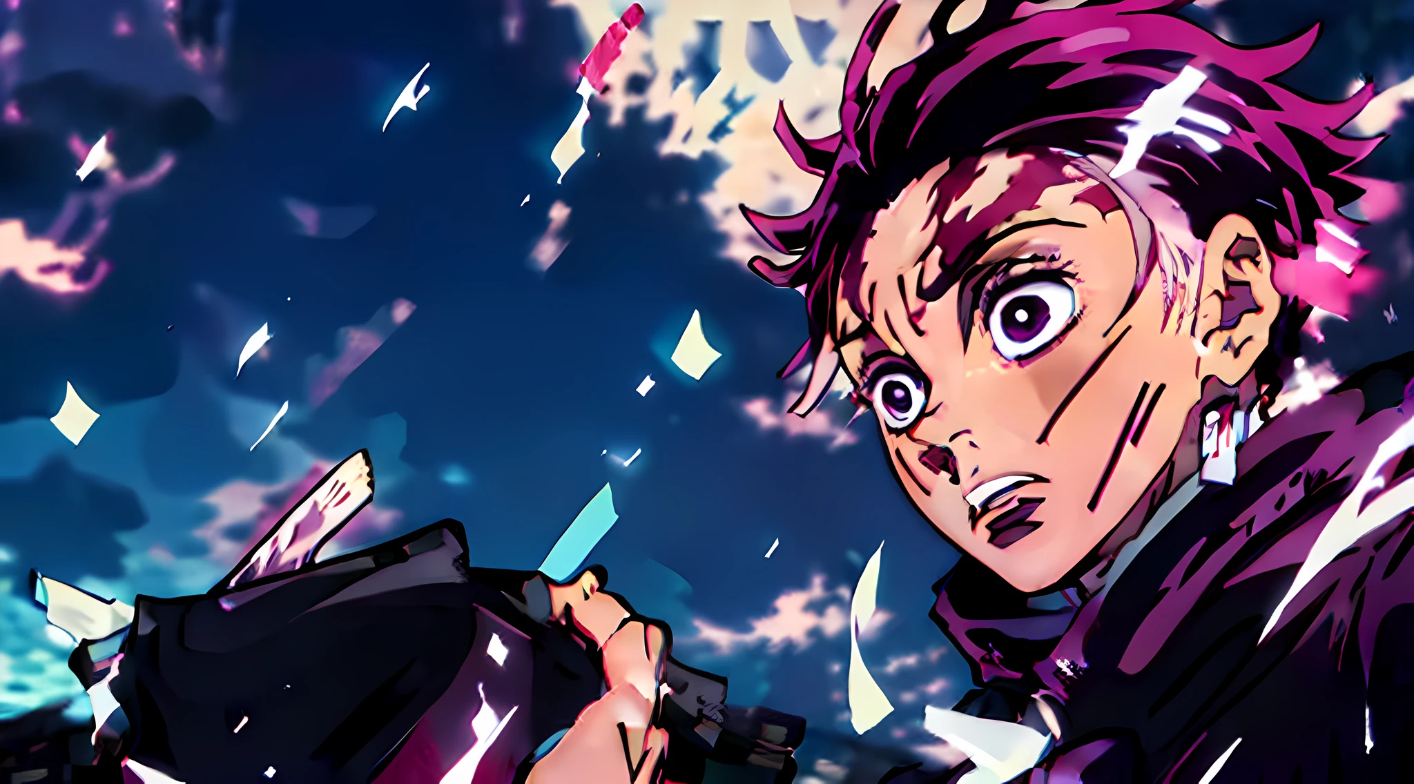 (source: "Kimetsu no Yaiba" & "Jujutsu Kaisen")[(Tanjiro Kamado protagonist:1.2)/(Satoru Gojo protagonist:1.2)]'s style, setting and color scheme, an extremely detailed CG artwork, with dynamic and powerful action, extraordinary animation quality, bright color tones, dark elements, beautiful backgrounds, gives off a sense of energy and magic, set in a fantasy world.