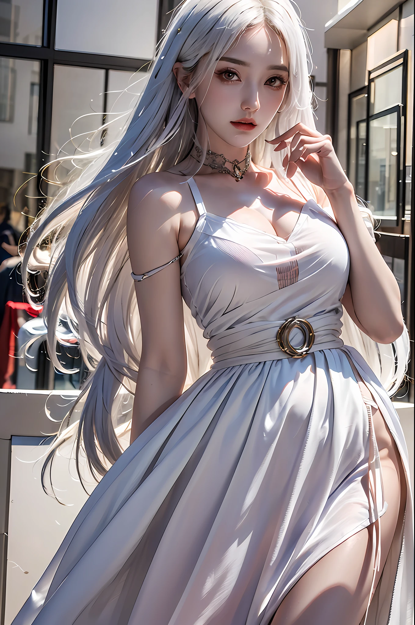 best quality, masterpiece, ultra-detailed, detailed light, (RAW photo:1.2), (photorealistic:1.4),(masterpiece:1.3),(best quality:1.4), 1girl, solo, waist up, white hair, long hair, dress