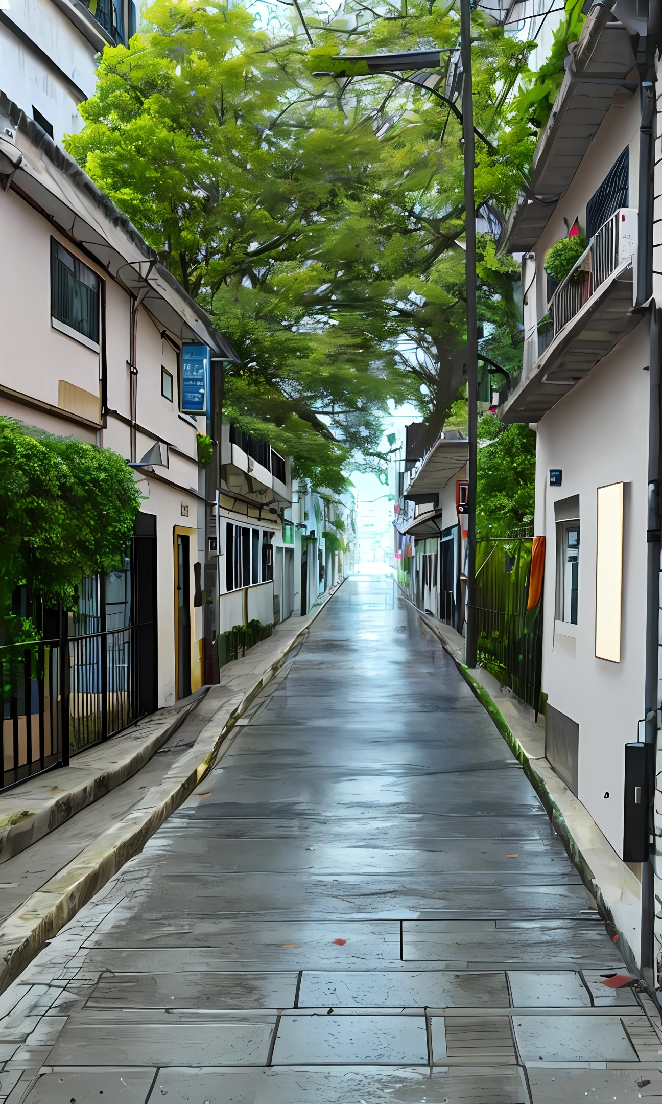 Rua escura, com luz azul e chuva