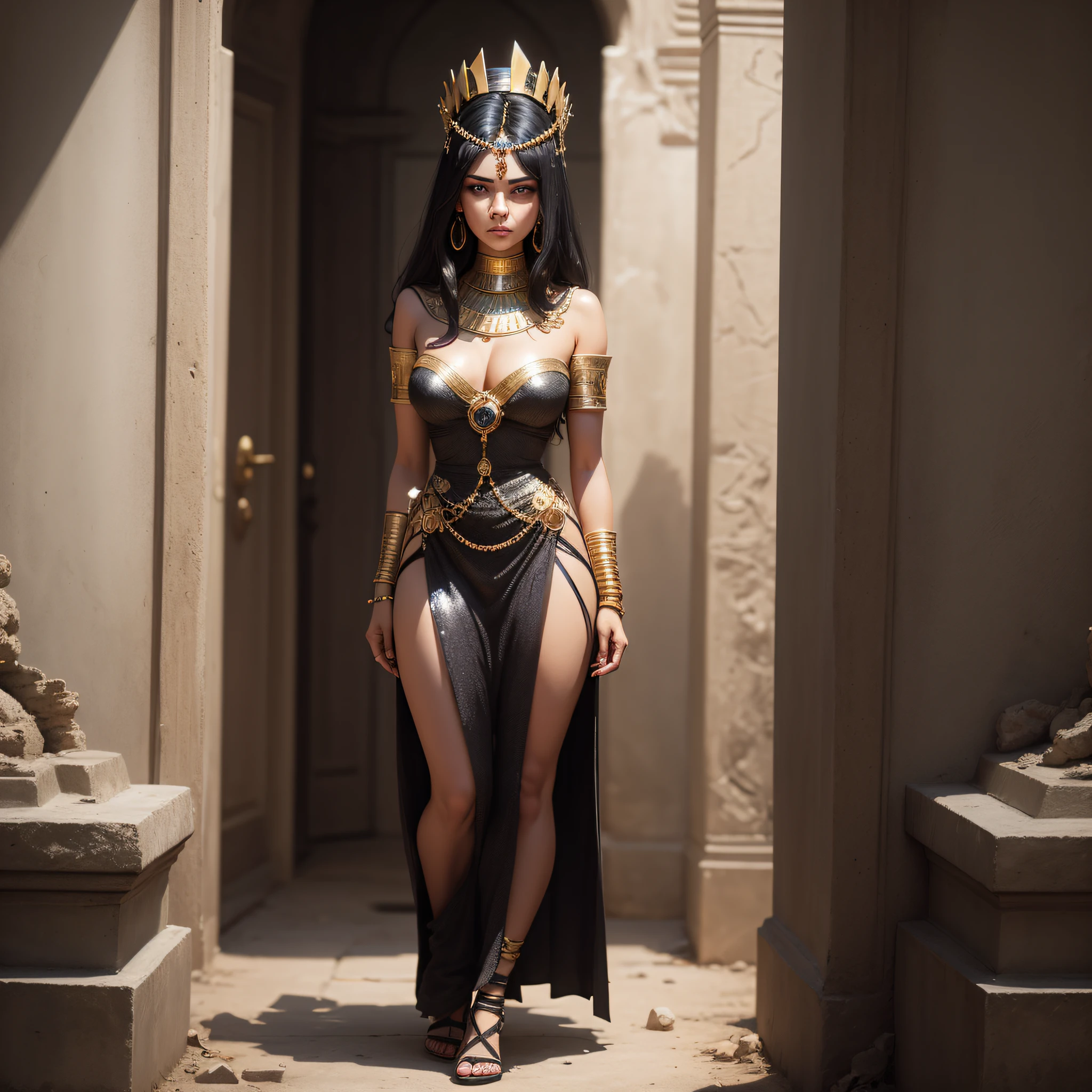 An Egyptian princess with an enigmatic look, usando um traje elaborado em preto e roxo, com detalhes em ouro. Their black hair is adorned with jewelry and exotic feathers. She stands before an imposing entrance to an ancient tomb, Looking into the unknown with an air of mystery.