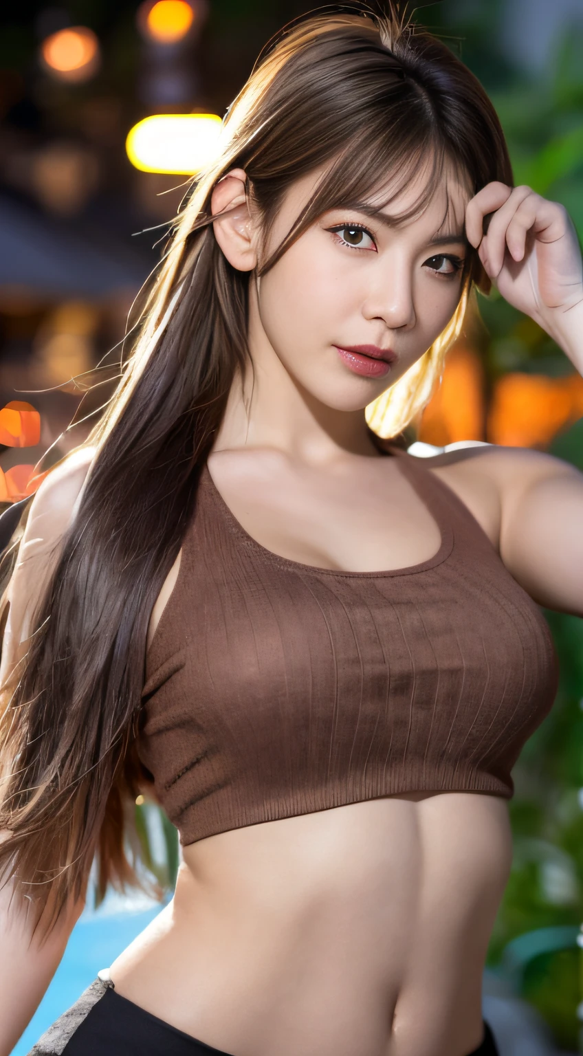 ((Realistic lighting、beste Quality、8K、Master Masterpiece:1.3))、Clear focus:1.2、a 1 girl、Perfect Body Beauty:1.4、Slim abs:1.1、s whole body、((darkbrown hair、a large breast:1.3))、(Acceleration:1.4)、(al fresco、Night:1.1)、View of Waikiki Beach、Slender face、Fine eyes、Double eyelidd、poses of fashion models、Floating hair、T‐shirt、Pendants、