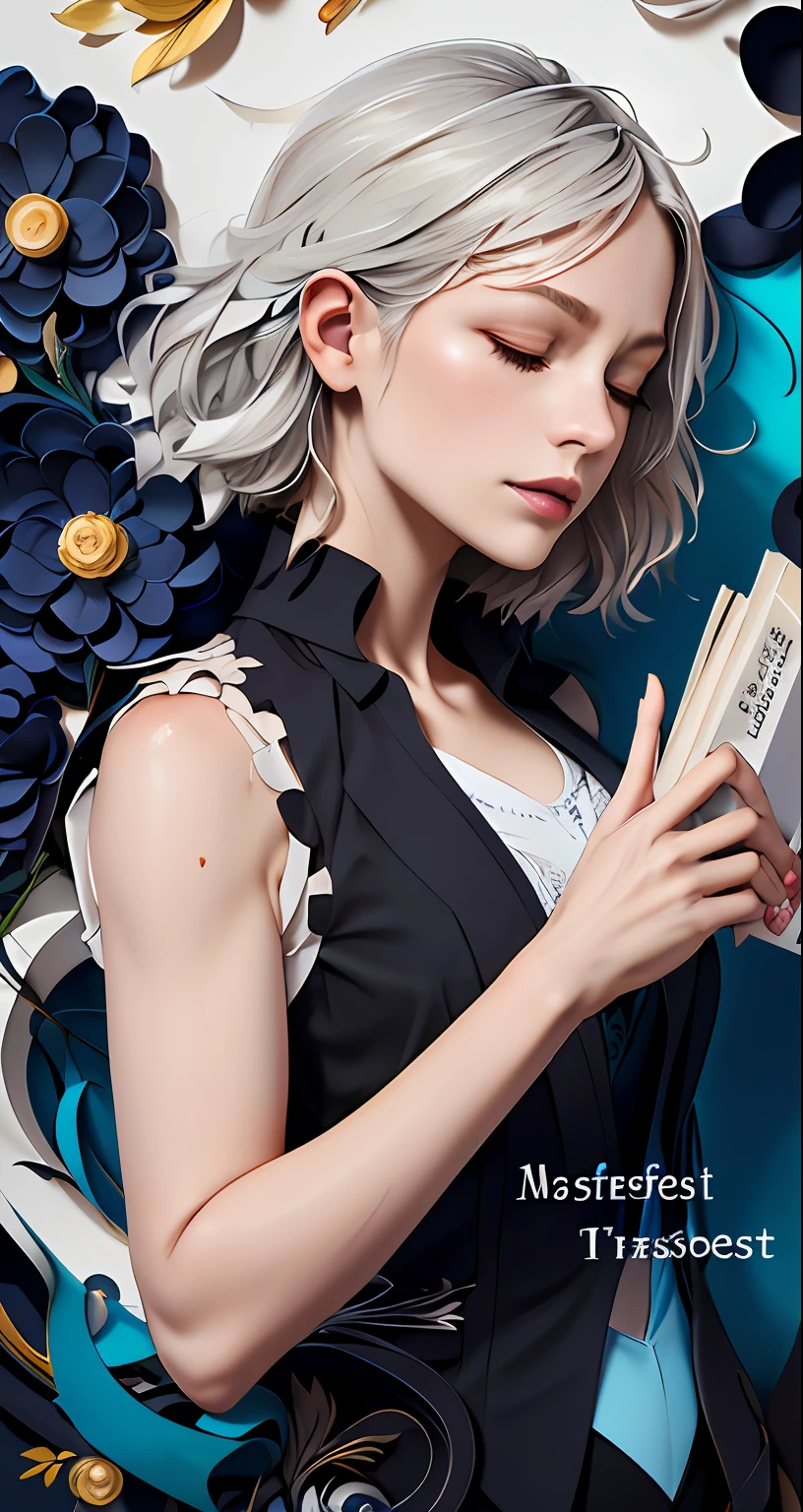 realistic, (best quality, masterpiece:1.3),book cover design,english text,
1girl,solo, silver hair, bright pupils, hair slicked back, long hair, black shirt, expressionless, closed eyes,
abstract background, flower, blue rose, fantasy,
paperCut