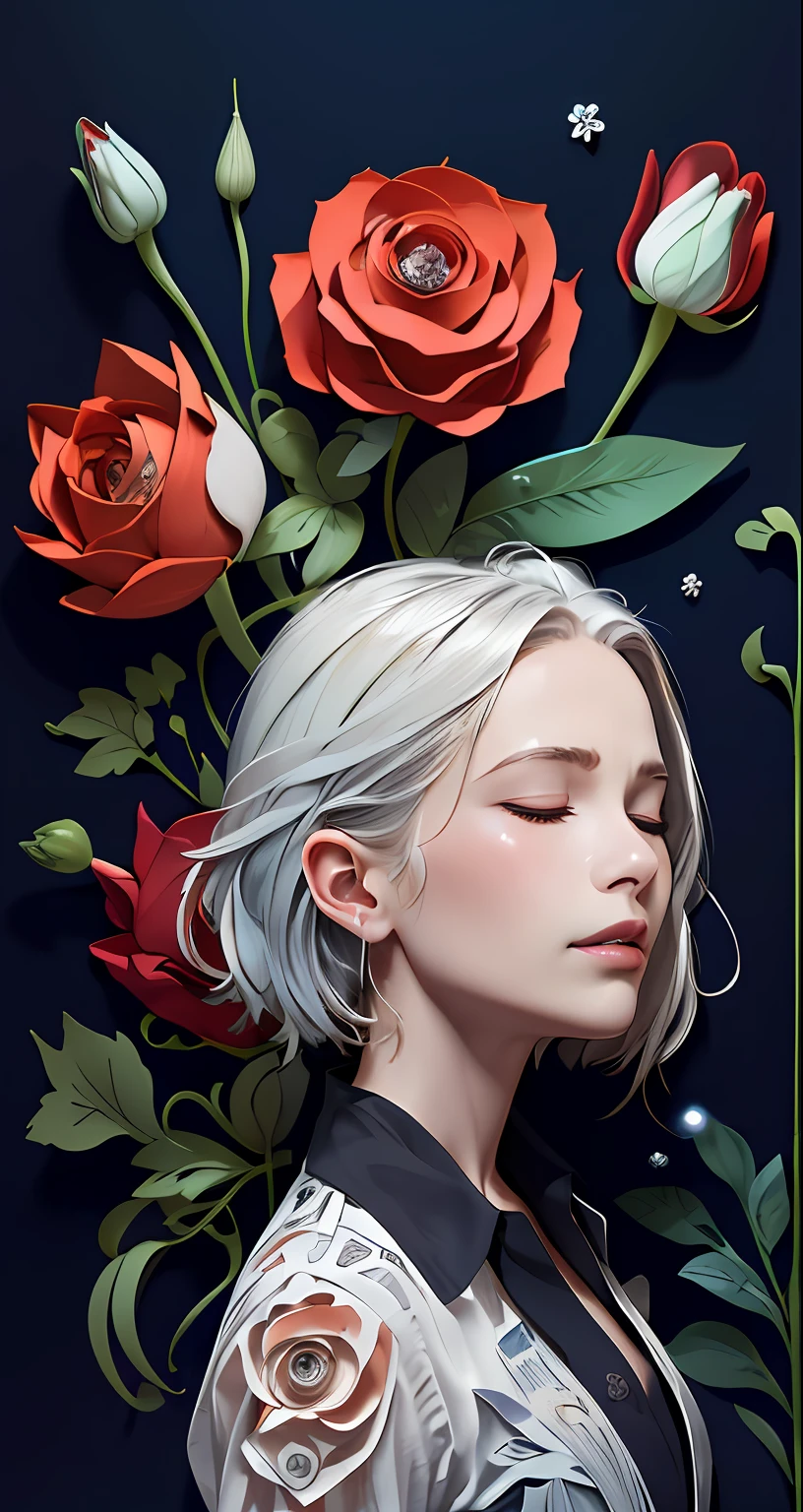 realistic, (best quality, masterpiece:1.3),book cover design,english text,
1girl,solo, silver hair, bright pupils, hair slicked back, long hair, black shirt, expressionless, closed eyes,
abstract background, flower, blue rose, fantasy,
paperCut