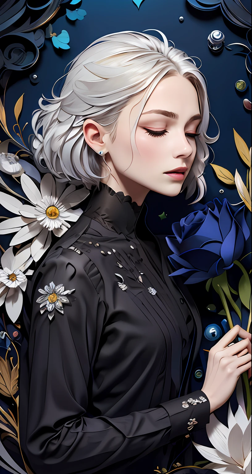 realistic, (best quality, masterpiece:1.3),book cover design,english text,
1girl,solo, silver hair, bright pupils, hair slicked back, long hair, black shirt, expressionless, closed eyes,
abstract background, flower, blue rose, fantasy,
paperCut