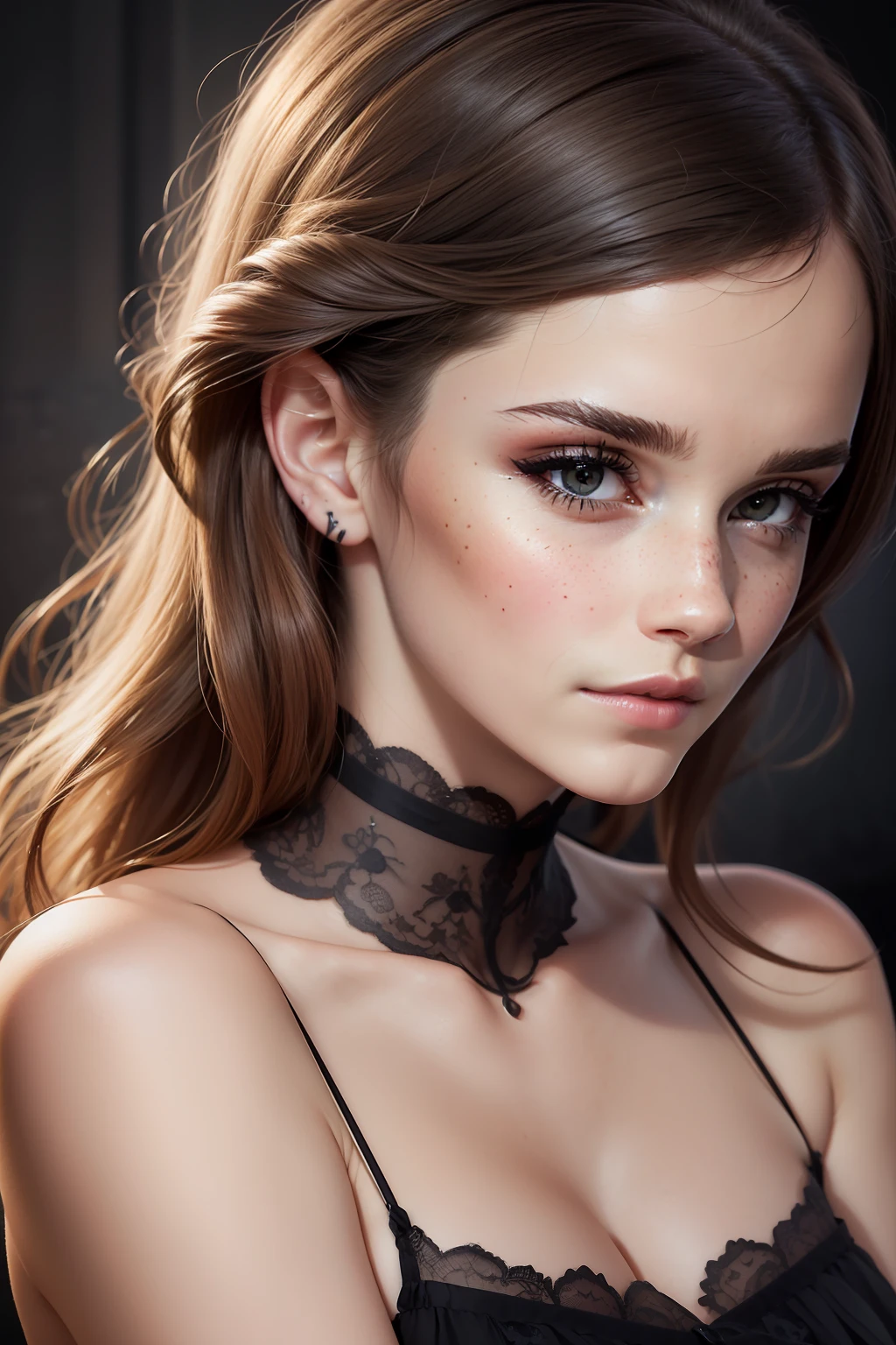 ((Emma Watson)), ((a tall and very slender woman)), ((she's in a dark room with black walls)), ((She has blue strands in her hair)), (she wears a camisole dress), (fotorealistisch), (Raytracing), (Kinobeleuchtung), (scharfer Fokus), ((natural realistic skin texture)), ((she has many dark freckles on her face and torso)), natural and realistic skin textures, ((schwarze Lippen)), (dunkle Smokey Eyes), (violette Liedschatten), (schwarzen Eyeliner), (lange schwarze Wimpern)