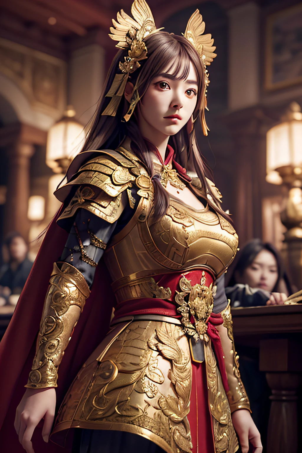 ((masterpiece))), (((best quality))), ((ultra-detailed)), (hyperrealistic), (highly detailed CG illustration), cinematic light, photorealistic ,extremely beautiful young lady, light makeup, big breast,  intricate detailed eaba, red cape, spear