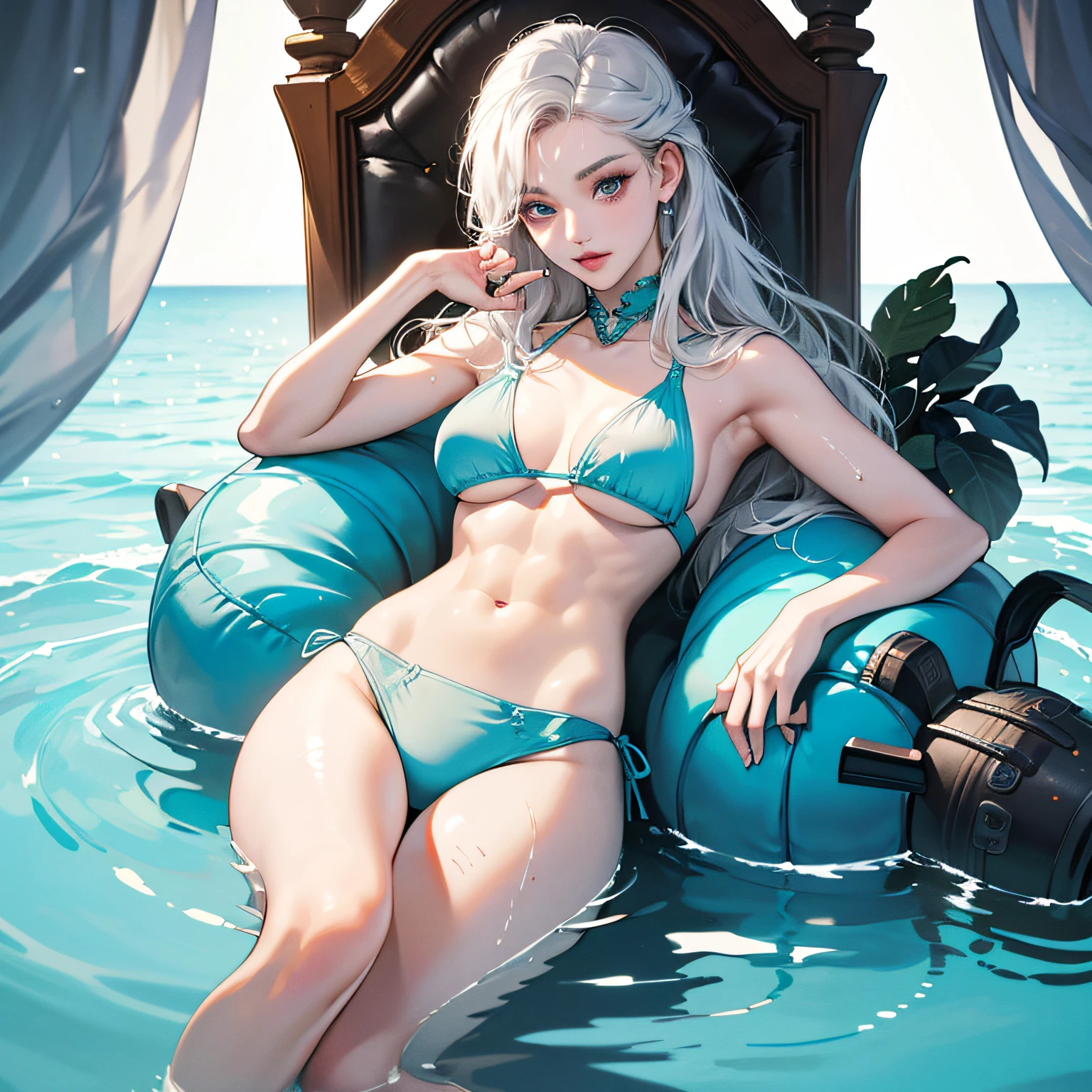 ((beste Quality、16 K、masterspiece:1.3))、(beauty woman、1girls、huge boobs:1.2、Slender abs:1.1)、、(hyperdetailed face、Highly detailed lips、Detailed eye、Double eyelidd)、disheveled hair、(Beauty Salon、Tea bed)、(a-pose)、(White see-through T-back bikini)、southern countries、Lying in the sea、Ultra-high-quality photos、White Skin Skin、Sexy numbness、Protrusions 、Model-like features、big eye、Wet、 --auto