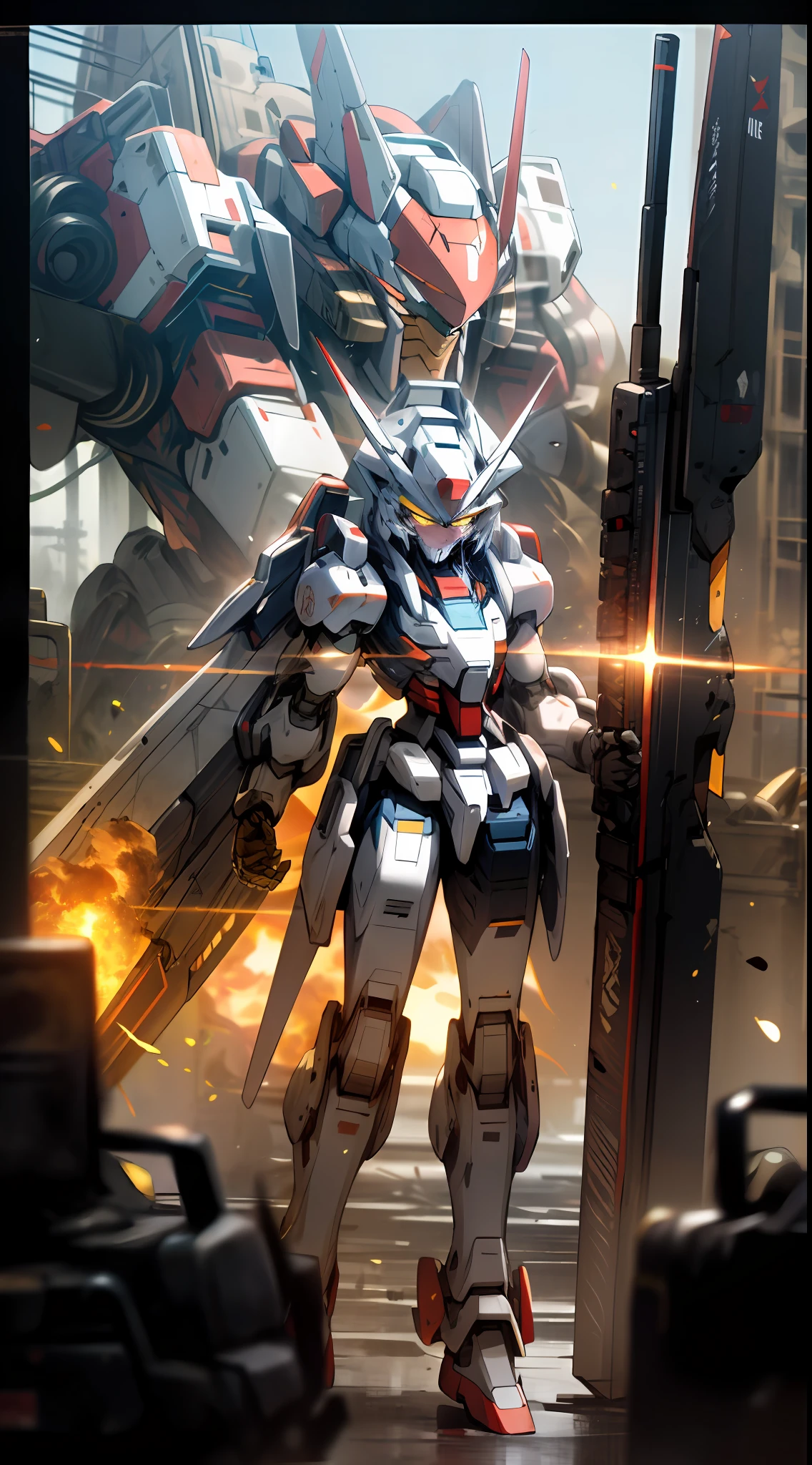 Surrealism, ray tracing, UHD, high details, 8k, best quality, textured skin, Gundam mech, masterpiece, best quality, mecha, unmanned, (full body), (white mech: 1.5), (axisymmetric: 1.4), (HDR), (movie light: 1.1), white eyes, cool, science fiction, fire, laser cannon beam, war, conflict, destroyed city background handheld weapon, (Holding a huge weapon: 1.5), holding an oversized shield, mech man, 8k
