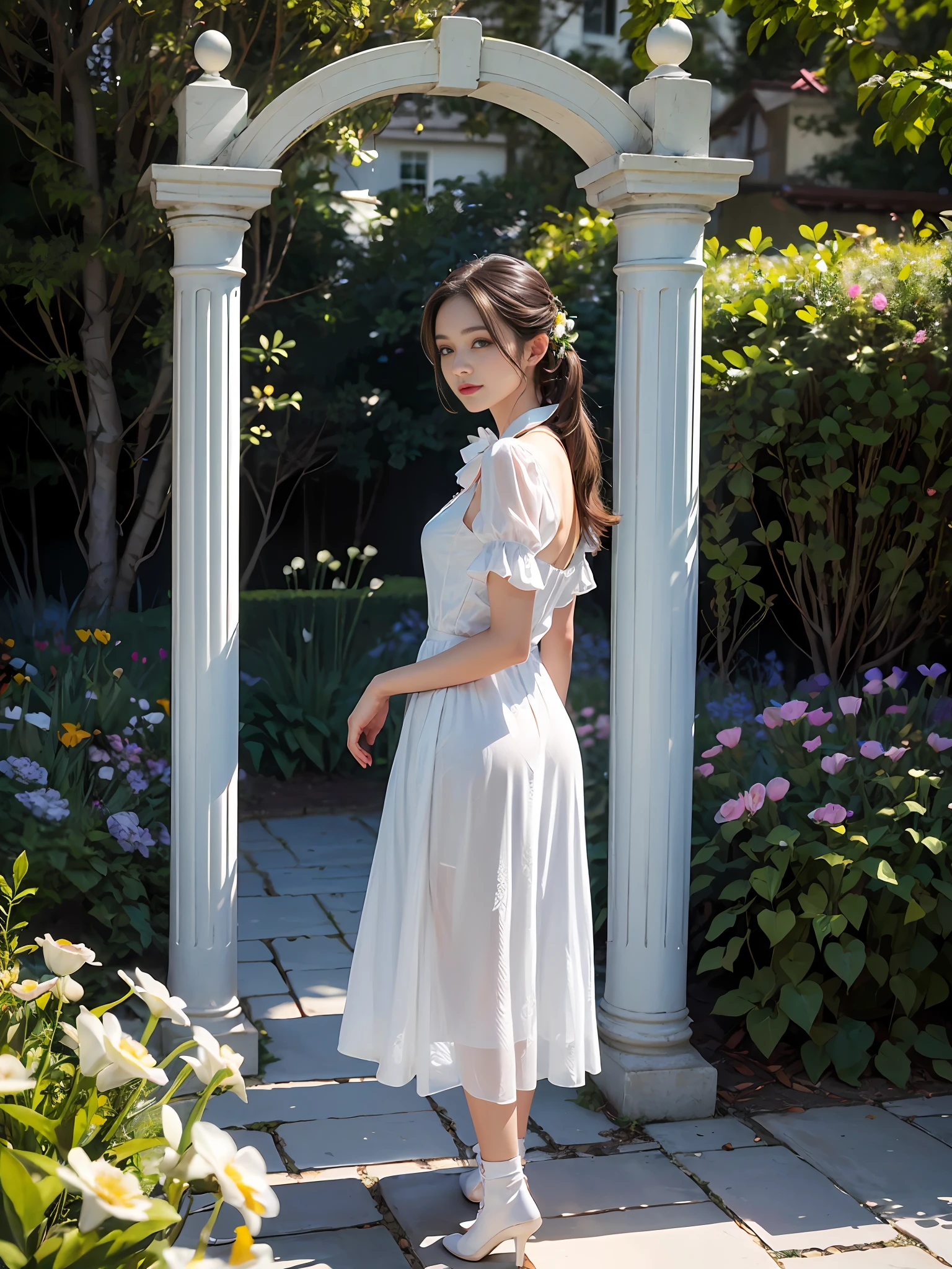 One woman with a faint smile、s whole body、Silk White Socks、pumps、brassiere、pantiy、Standing in front of garden arch with flowers、(Photoreal:1.4)、(Hyperrealistic:1.4)、(Realistic:1.3)、(Smooth lighting:1.05)、(Improved cinematic lighting quality:0.9)、(Shallow depth of field)、1girls、20 year old adult woman、Bright spring morning natural light、back lighting、Facial Lights、ray-traced、(bright lights:1.2)、(Quality improvement:1.4)、(Realistic textured skin of the highest quality:1.4)、small tits、fine detailed eyes、detailed faces、Small face、Fine quality eye、Brown eyes、ponie tail、Braiding、Ribbons in the hair、Floral blouse with ruffles、bowtie、Green glass jar with water、The back of the background is white and blurry.