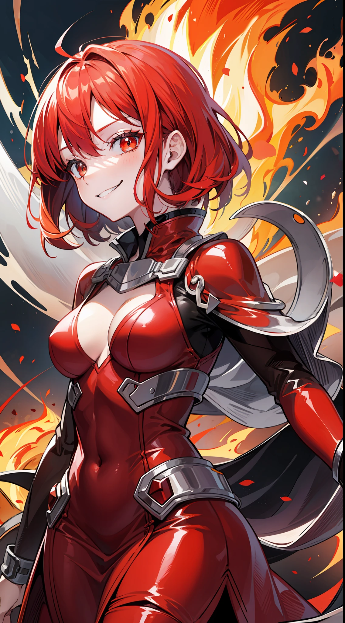 Adult woman, long bright red fiery hair, bright red fiery eyes, bright red fire dress, Tentacles made of magma, smirk, The Masterpiece, hig quality
