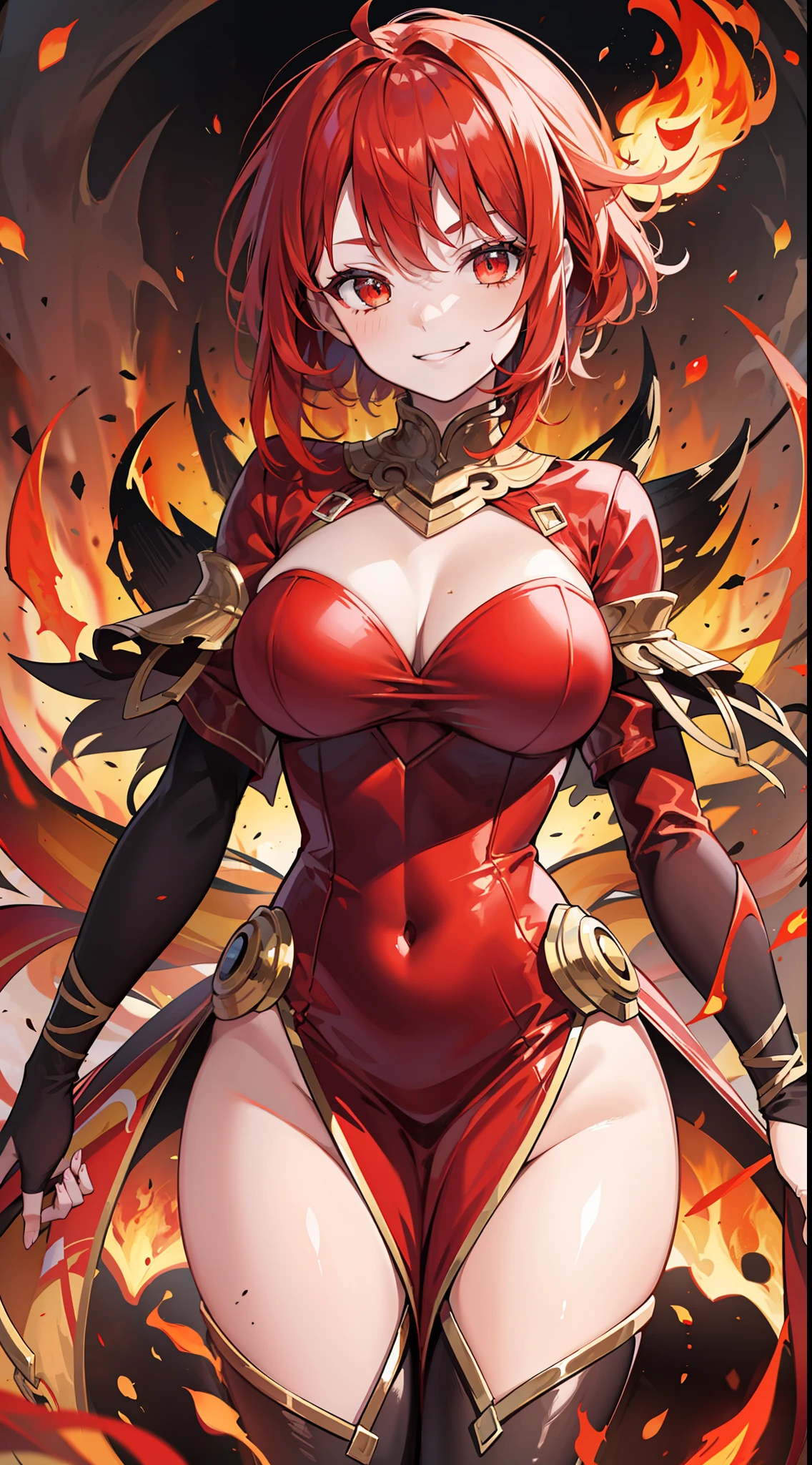 Adult woman, long bright red fiery hair, bright red fiery eyes, bright red fire dress, Tentacles made of magma, smirk, The Masterpiece, hig quality