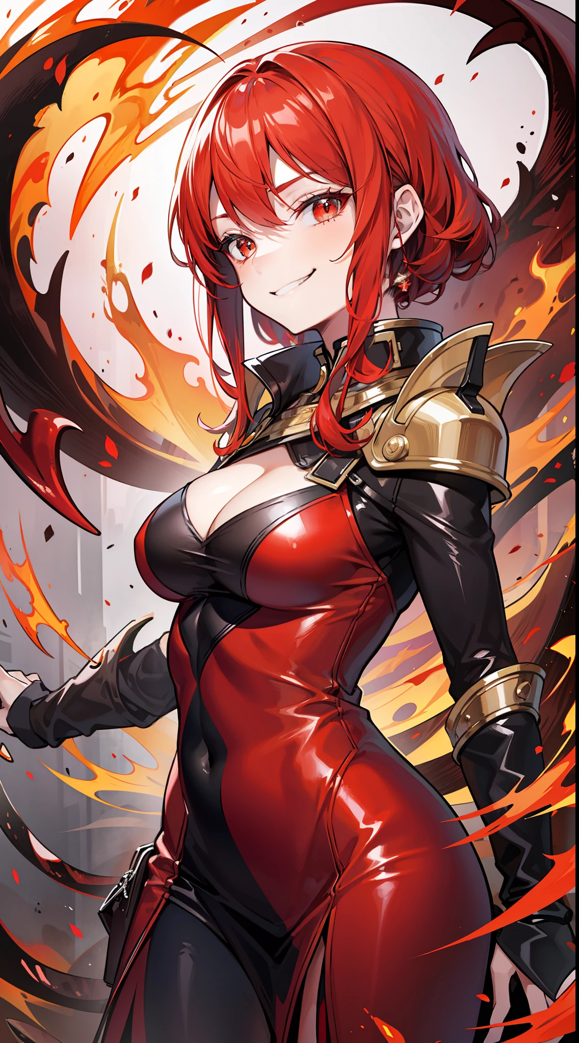 Adult woman, long bright red fiery hair, bright red fiery eyes, bright red fire dress, Tentacles made of magma, smirk, The Masterpiece, hig quality