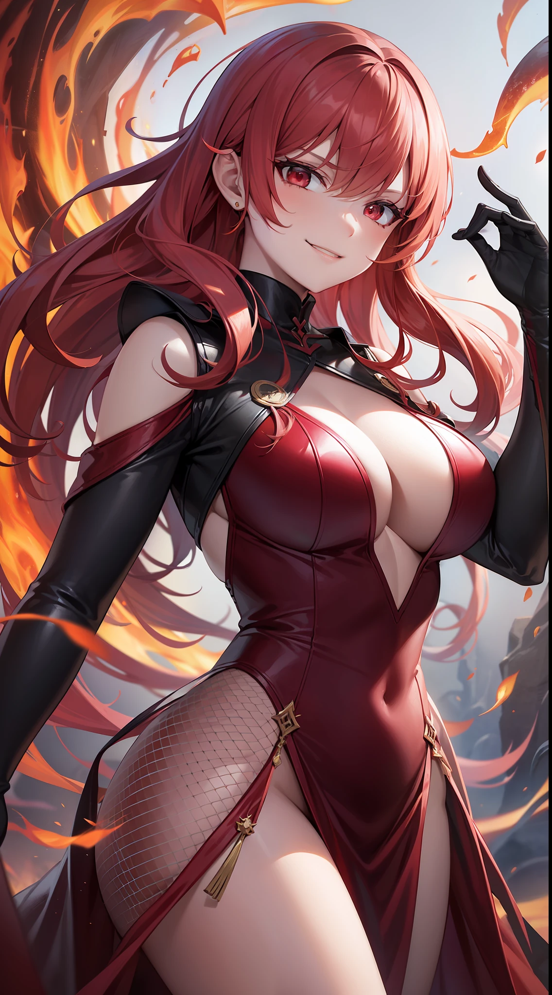 Adult woman, long bright red fiery hair, bright red fiery eyes, bright red fire dress, Tentacles made of magma, smirk, The Masterpiece, hig quality