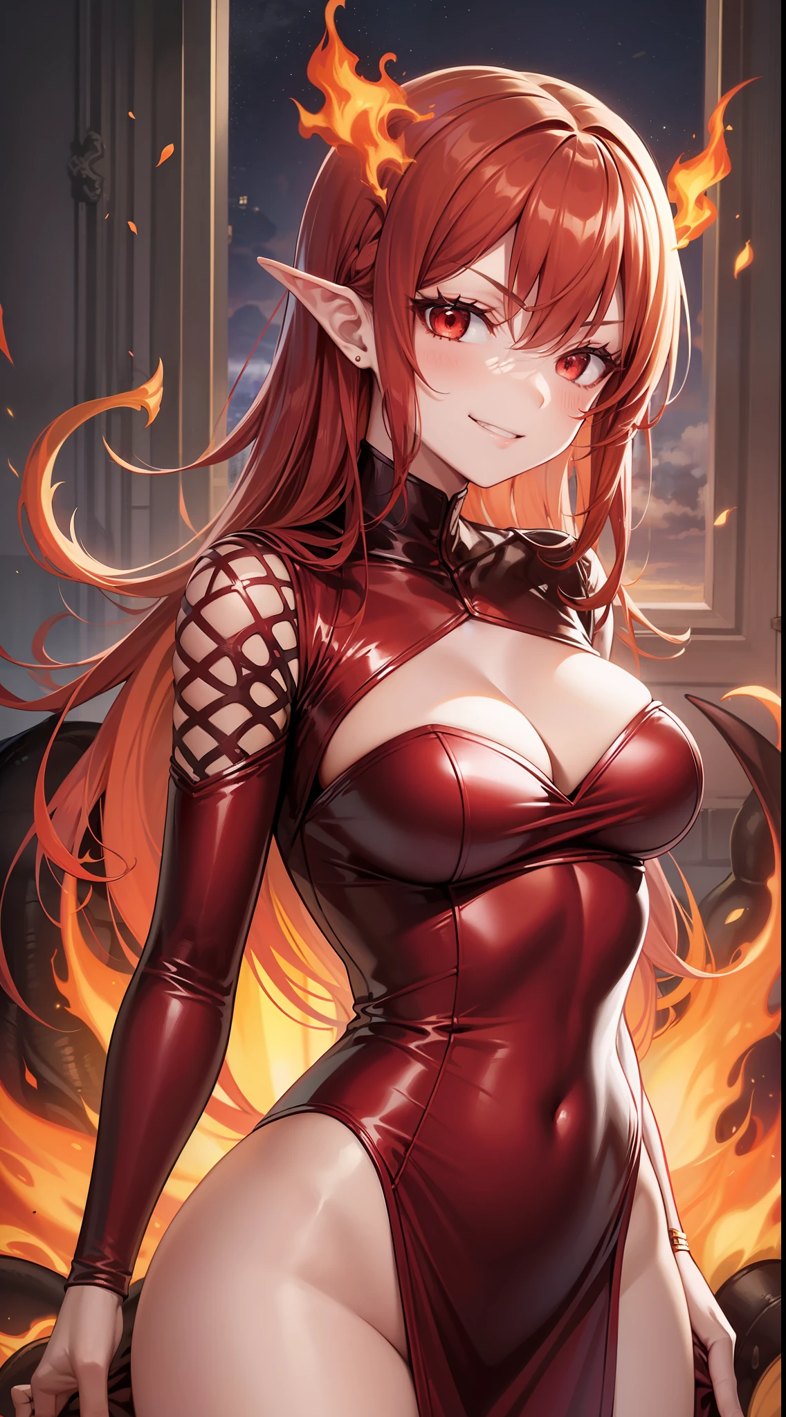 Adult woman, long bright red fiery hair, bright red fiery eyes, bright red fire dress, Tentacles made of magma, smirk, The Masterpiece, hig quality