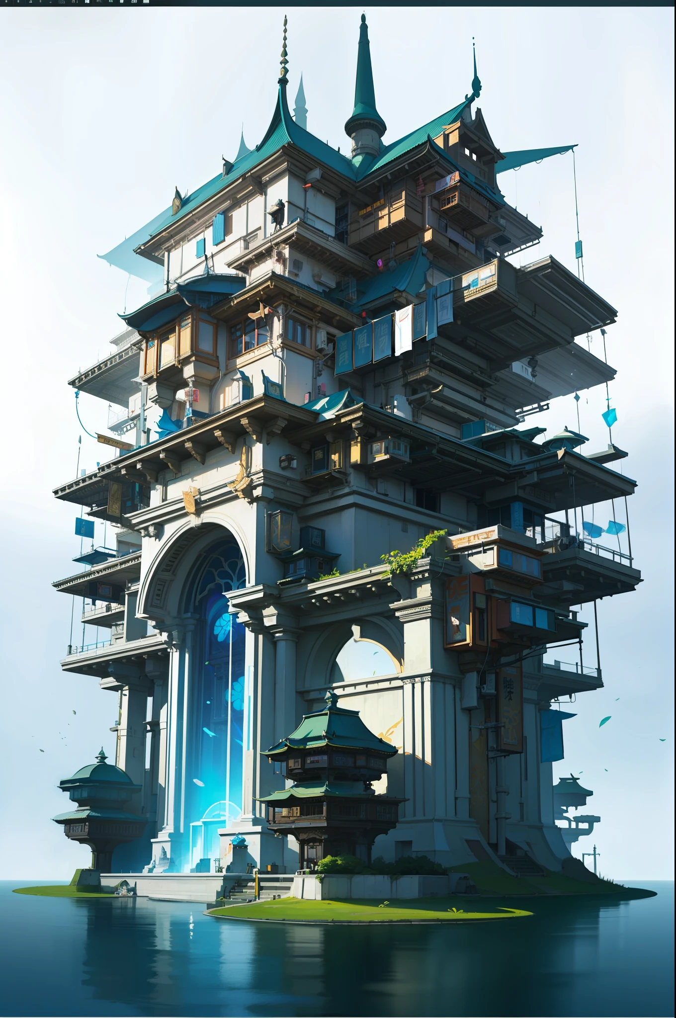 Game Academy，Ethno-style architecture，Ancient Chinese，Structurally sound、high-definition details，Science fiction，neon lit，The cyberpunk，Hologram aura，Particle effects，perfect works，White background，（杰作，premier quality，best qualitiy，officlal art，Beauty and aesthetics：1.2），（8K，best qualitiy，杰作：1.2）