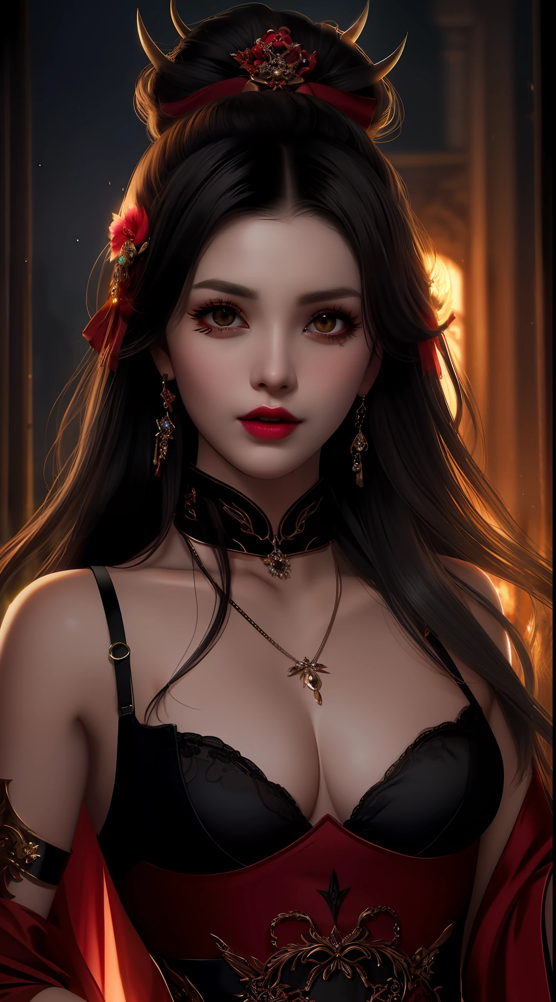 best quality, masterpiece, highres, 1girl, lingerie china armor, hair ornament, necklace, jewelry, Beautiful face, upon_body, tyndall effect, photorealistic, dark studio, rim lighting, two tone lighting, (high detailed skin:1.2), 8k uhd, dslr, soft lighting, high quality, volumetric lighting, candid, Photograph, high resolution, 4k, 8k, Bokeh, medium breasts, (light pink lips), 1 beautiful devil woman from hell, In the Dark: 1.6), surreal female portrait by David Hockney and Alphonse Mucha, fantasy art, korea doll, photorealism, dynamic lighting, artstation, poster, volumetric lighting, very detailed faces, 8k ultra, Awarded, in the dark, deep shadow, low key, cowboy lens, (Red phoenix dress: 1.4), long hair, black hair, bust, luxurious palace, Royal style, devil crown, red eyes make up very sharp and detailed, The most beautiful face, The breasts are very big and round and round, Super realistic, chinese women's clothing, polo neck sweater, Charming smile, The eyes are very well made up, guweiz, devil style, wearing black mesh socks, Ponytail with a bow tied at the back of the hair, Red black lips, Devil tattoo on shoulder, wearing a thin red and black robe, the landscape is overcast and thunderous, (Portrait), Close-up of the main character, (Background details 1.8),