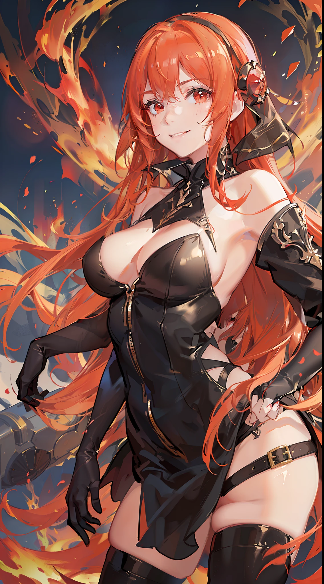 Adult woman, long bright red fiery hair, bright red fiery eyes, bright red fire dress, Tentacles made of magma, smirk, The Masterpiece, hig quality