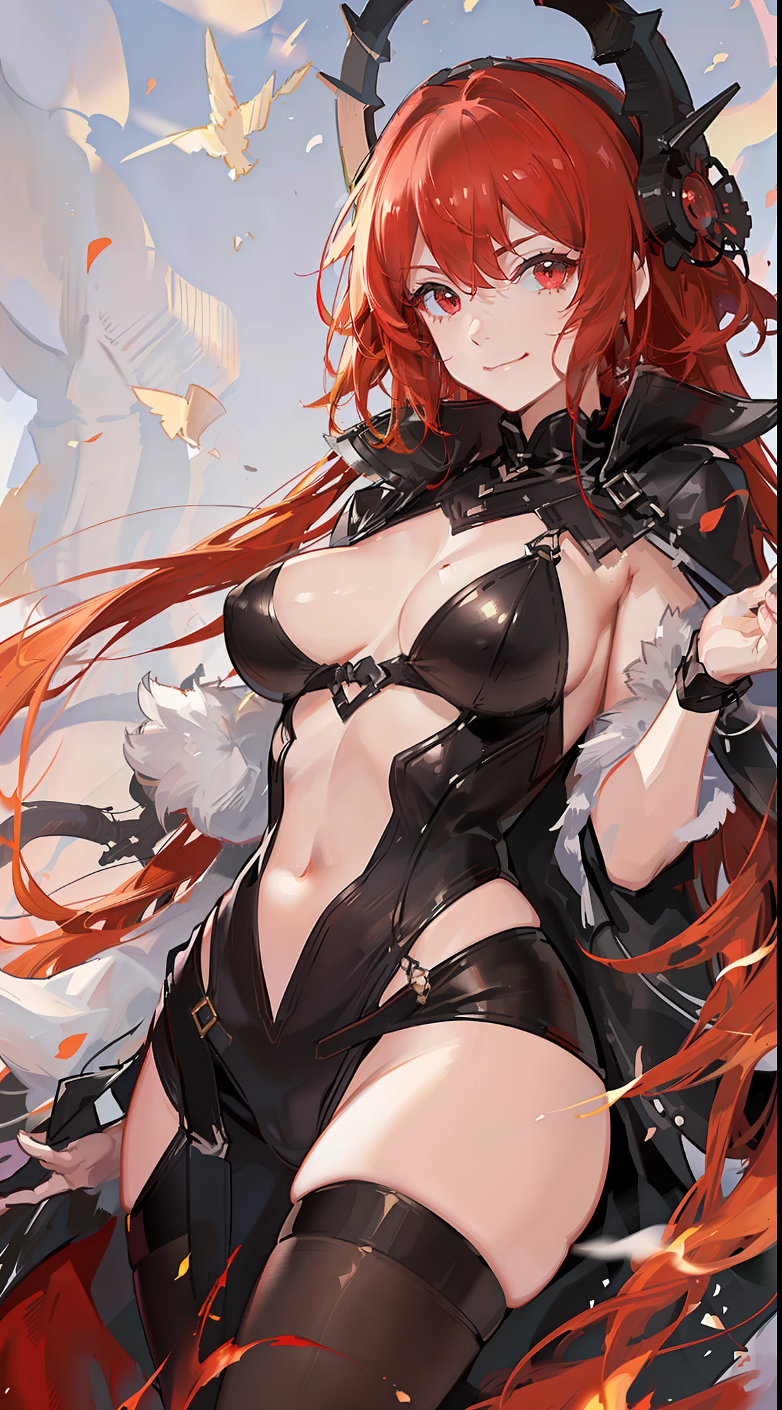 Adult woman, long bright red fiery hair, bright red fiery eyes, bright red fire dress, Tentacles made of magma, smirk, The Masterpiece, hig quality