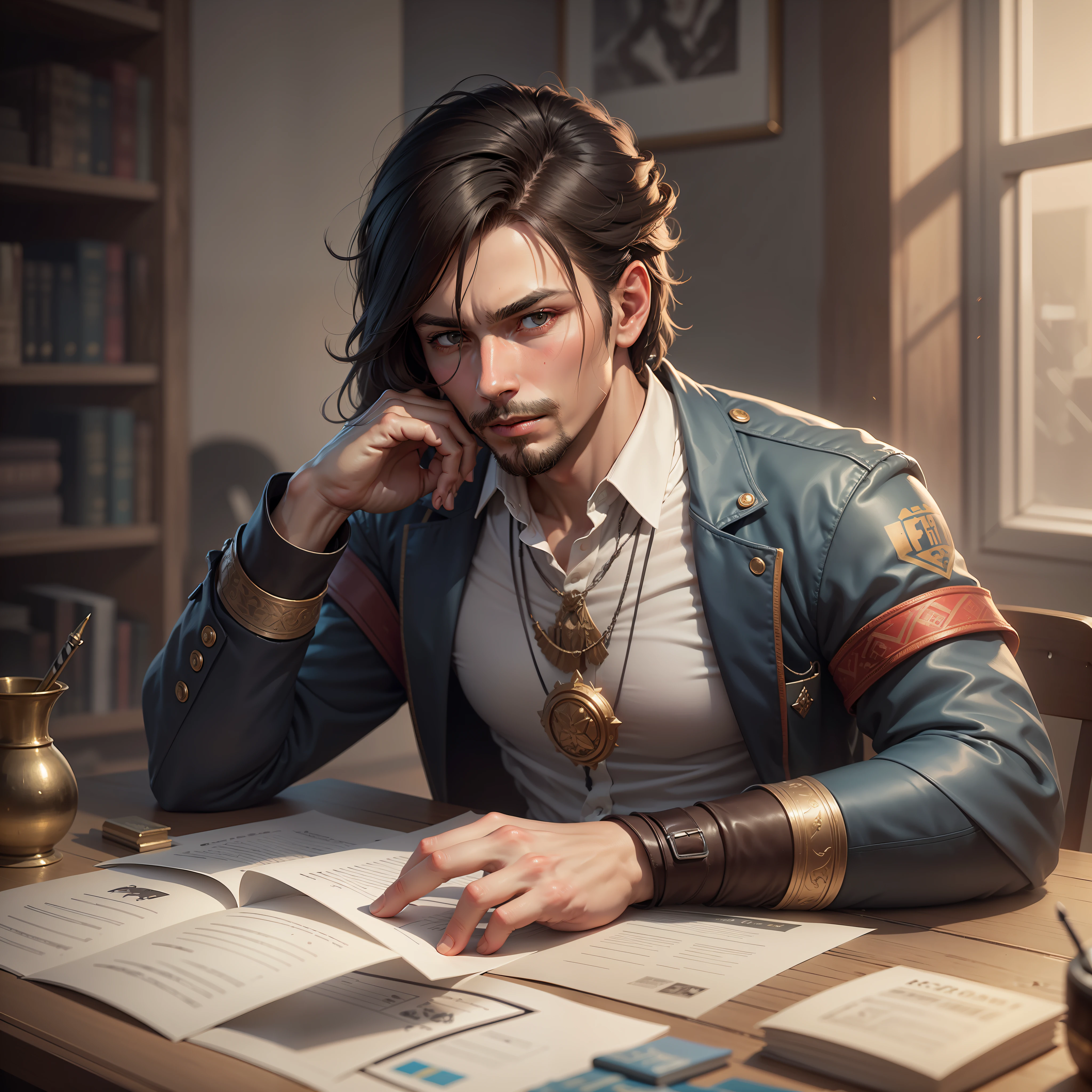 there is a man sitting at a desk with a lot of money, lawther sit at table playing dnd, artstation mans aesthetic, realistic fantasy render, trending on artstation 8k, epic and classy portrait, anton fadeev 8 k, trending on artstation hq, trending in artstation, trending on artstation hd, trending on artstation.'