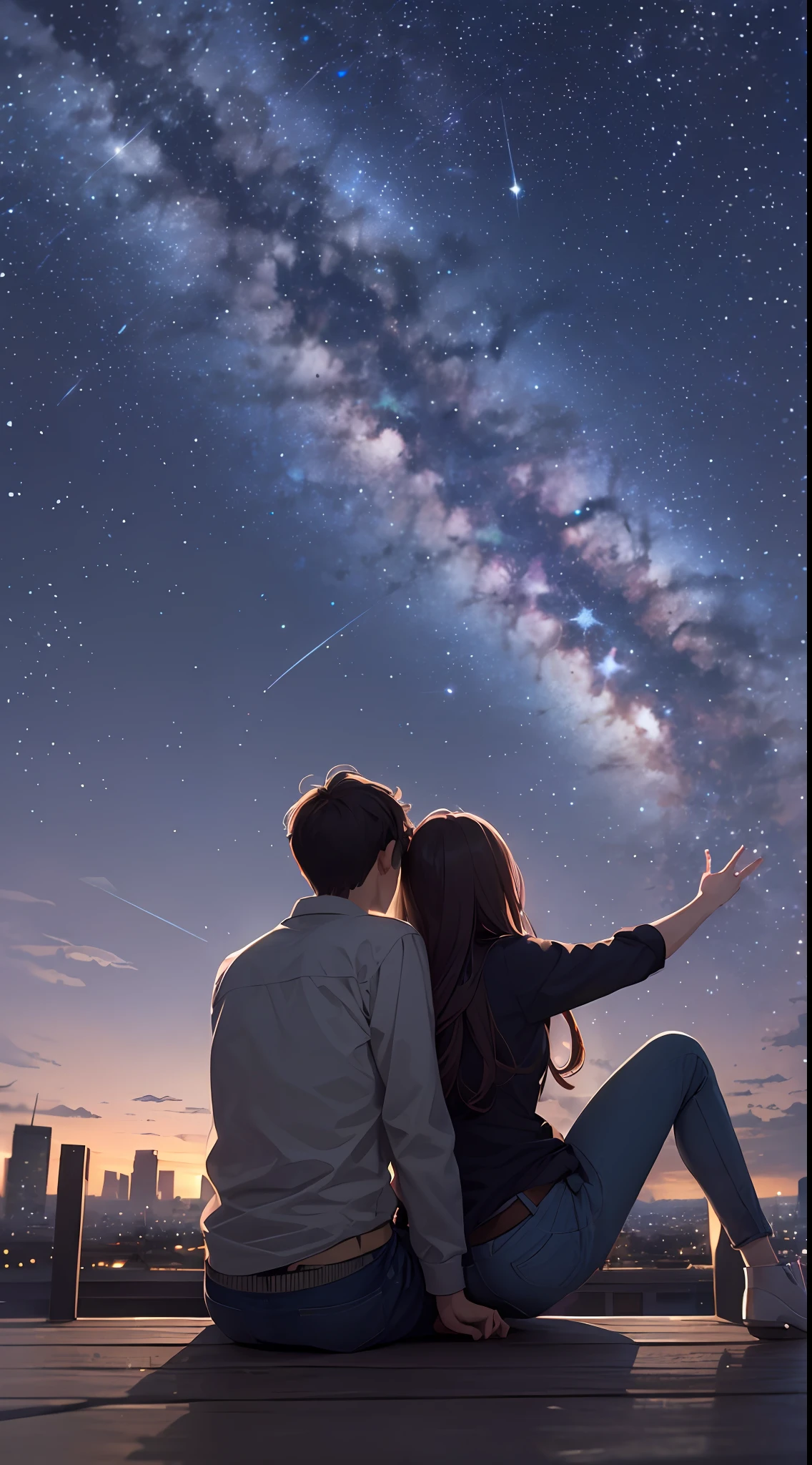 octans, sky, star (sky), scenery, starry sky, night, 1girl, 1boy, couple, love, night sky, solo, outdoors, building, cloud, milky way, sitting, tree, long hair, city, silhouette, cityscape --auto --s2