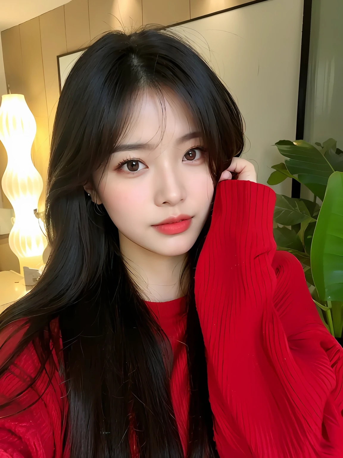 arafed asian woman with long black hair wearing a red sweater, ulzzang, korean girl, young adorable korean face, wan adorable korean face, gorgeous young korean woman, popular south korean makeup, beautiful south korean woman, popular korean makeup, young cute wan asian face, beautiful young korean woman, sakimi chan, sakimichan