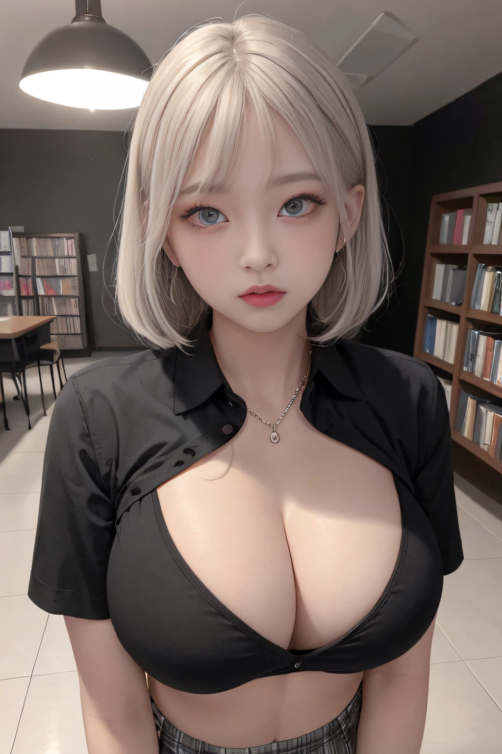 Top image quality、Raw photography、ultra-highres、16-year-old Korean、very large breast、cleavage breasts、Student uniforms、Collared shirt、School uniform shirt、Shirt not closed、Plaid skirt、Black bra、fair white skin、shiny white skin、Short Bob、bright silver hair、light white hair、、Beautiful eyes with random colors、Very thin lips、Beautiful eyes in every detail、elongated eyes、pale pink blush、long eyelash、Beautiful double eyelids、eyeshadows、Beautiful abs、Beautiful navel、Beautiful ribs、neckless、ear ring、Night School、Library dimly lit at night、Very dark atmosphere、Very suspicious atmosphere、Black ceiling