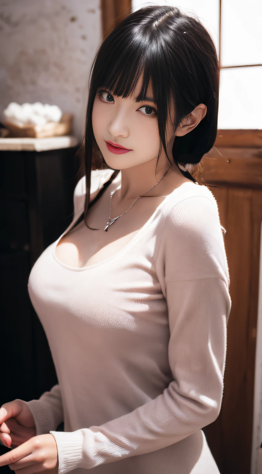 ((Night, Realistic Light, Best Quality, 8K, Masterpiece: 1.3)), 1girl, Slim Beauty: 1.4, Abs: 1.1, (Brown hair, Medium breasts: 1.3), Long pink sweater: 1.1, Bathroom, Super fine face, Delicate eyes, Double eyelids, smile, necklace