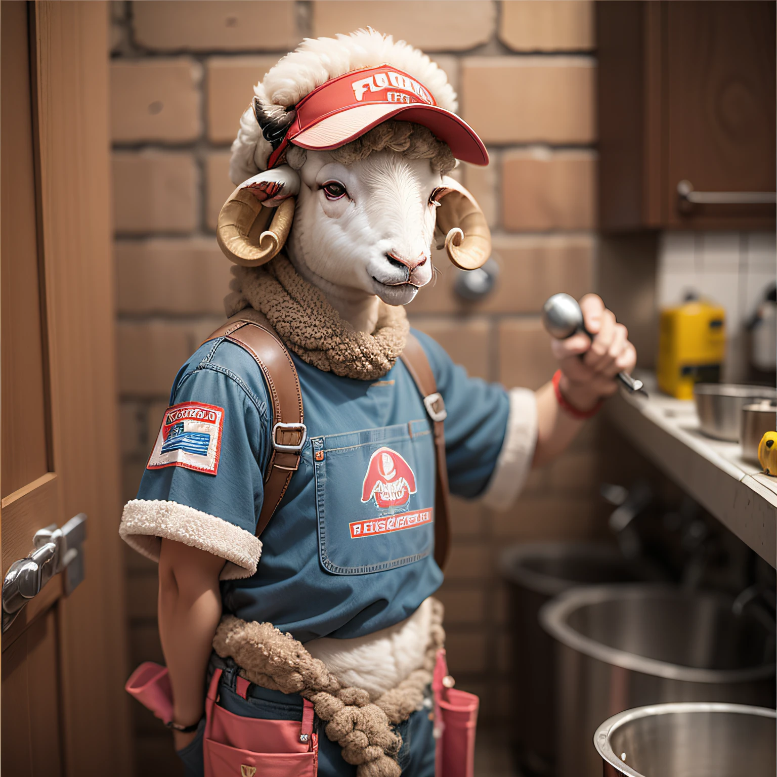 A smiling sheep,
Wear plumber's clothes,
Line logo,