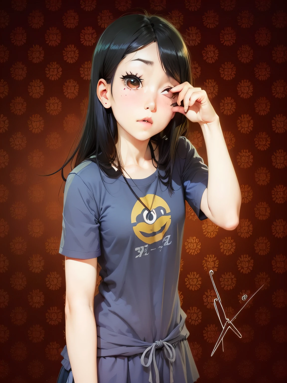 anime girl, black hair, brown eyes, wink, sleepy face