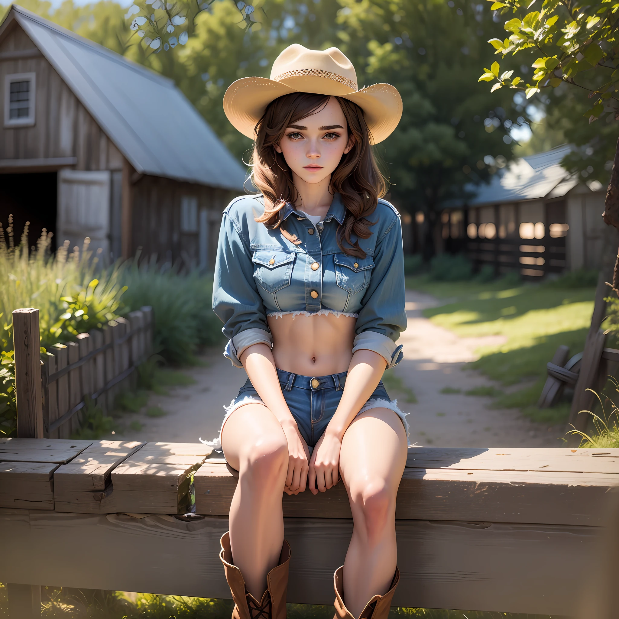  emma watson sitting on the barn. slender and perfect figure. tight denim shorts. crop top. freckles, beautiful face. sparkly skin. masterpiece, intricate detail. cowboy hat. boots.