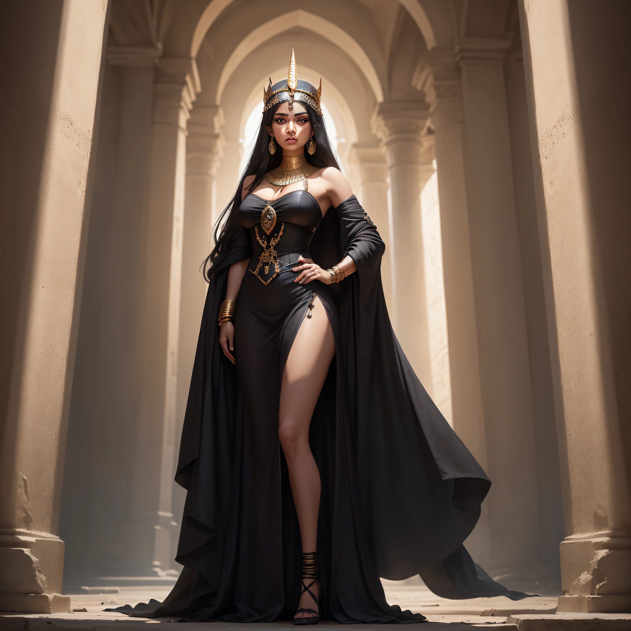 An Egyptian princess with an enigmatic look, usando um traje elaborado em preto e roxo, com detalhes em ouro. Their black hair is adorned with jewelry and exotic feathers. She stands before an imposing entrance to an ancient tomb, Looking into the unknown with an air of mystery.