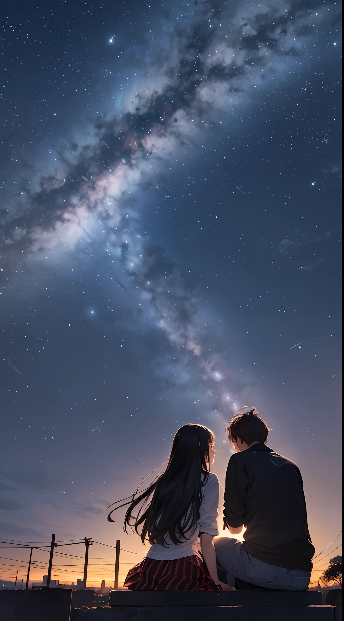 octans, sky, star (sky), scenery, starry sky, night, 1girl, 1boy, couple, love, night sky, solo, outdoors, building, cloud, milky way, sitting, tree, long hair, city, silhouette, cityscape --auto --s2