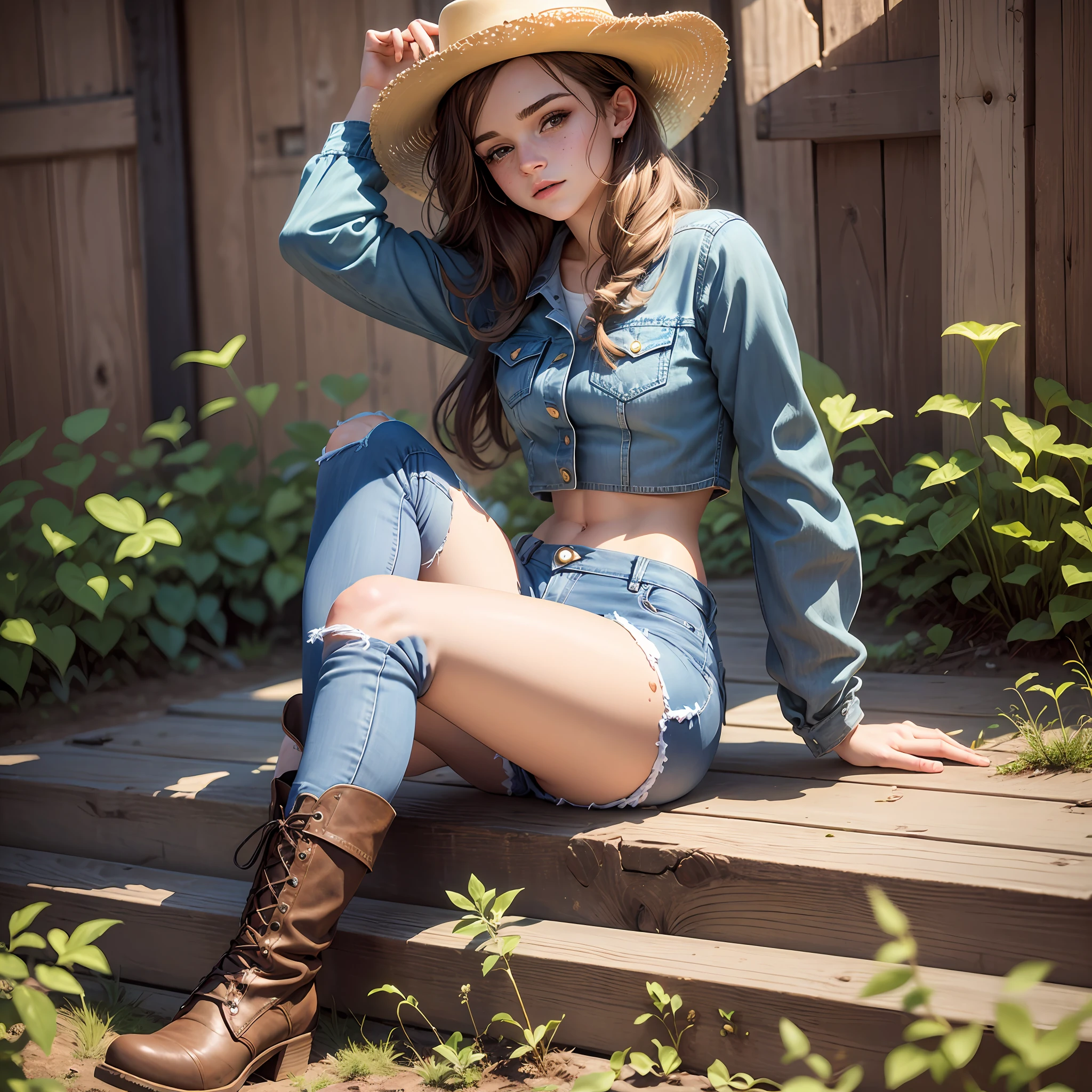 teen emma watson sitting on the barn. slender and perfect figure. tight denim shorts. crop top. freckles, beautiful face. sparkly skin. masterpiece, intricate detail. cowboy hat. boots.