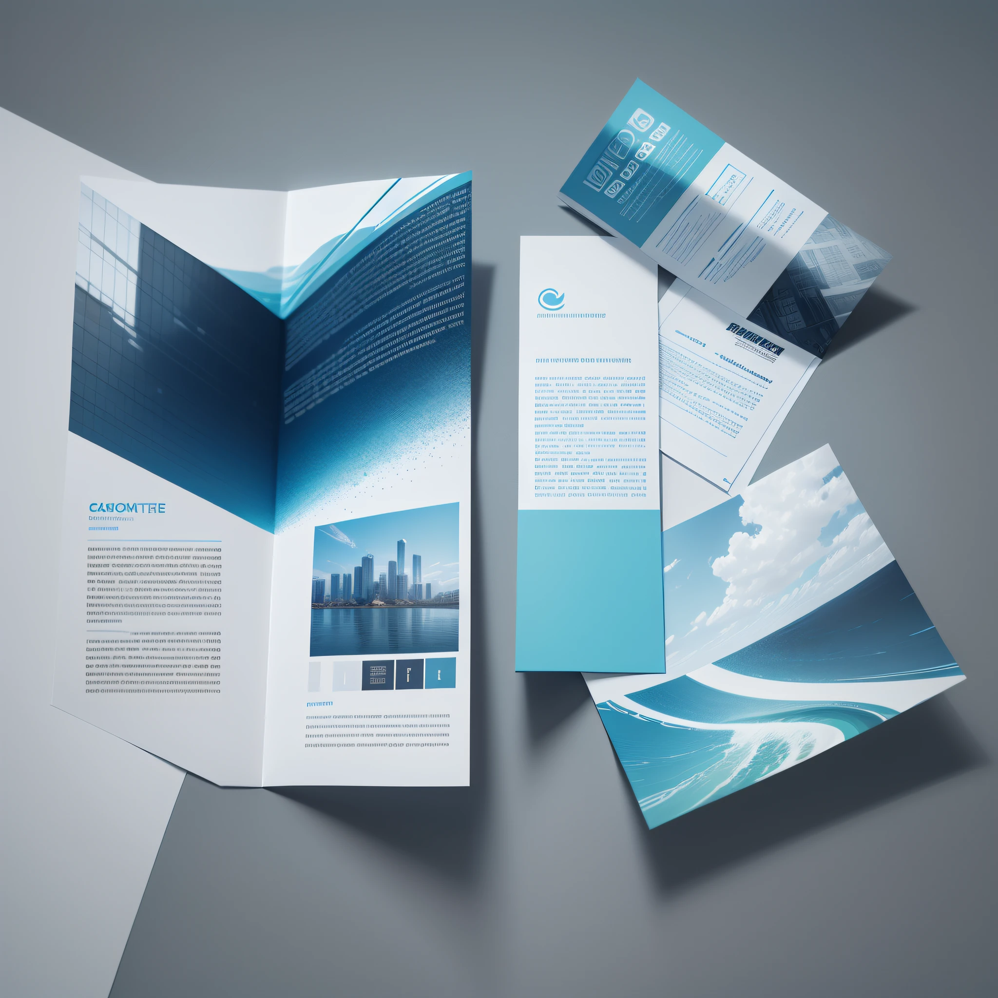 In a minimalist style,Create a brochure with a blue and white design,Add graphic design elements,With a clean and simple design、Layout design and modern avant-garde graphic design elements,Output as a single page
