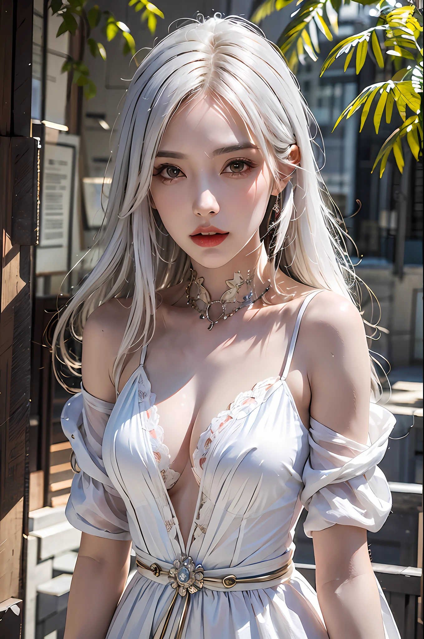 best quality, masterpiece, ultra-detailed, detailed light, (RAW photo:1.2), (photorealistic:1.4),(masterpiece:1.3),(best quality:1.4), 1girl, solo, waist up, white hair, long hair, dress