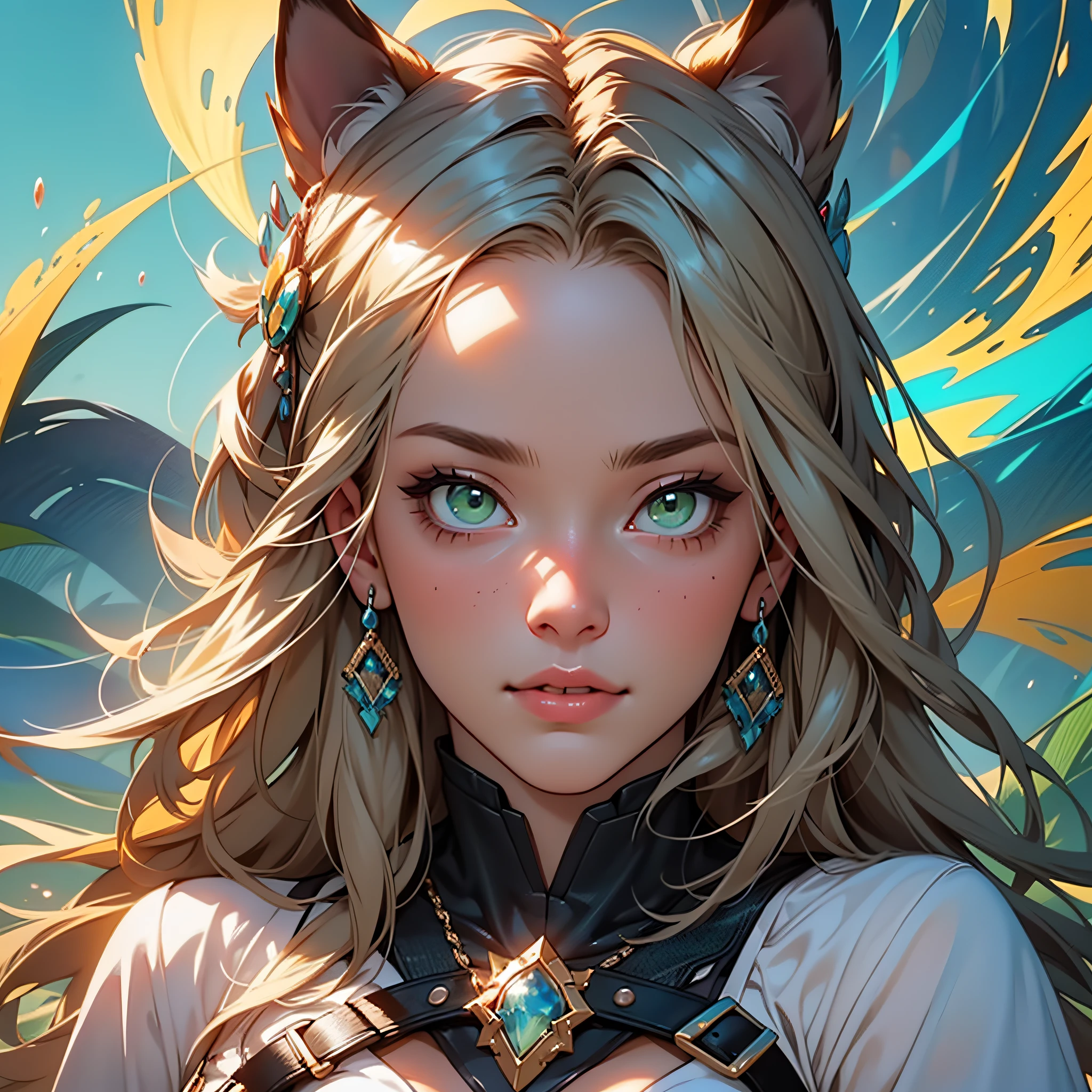 "(ultra detalhado, Masterpiece), melhor qualidade, with an emphasis on detailed green eyes (1.2), beautiful portrait, olhar hipnotizante, highly resolution, feminino, orelhas com brincos"
