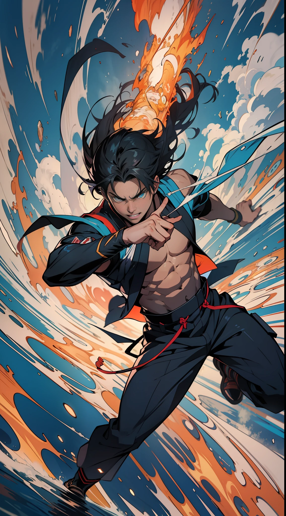 32K, Best quality, Masterpiece, Super detail, hight detail,Jump into exploding anime male characters, in the style of light black and dark azure, meticulous design, poolcore, kanō school, low bitrate, gutai group, 1st version ,