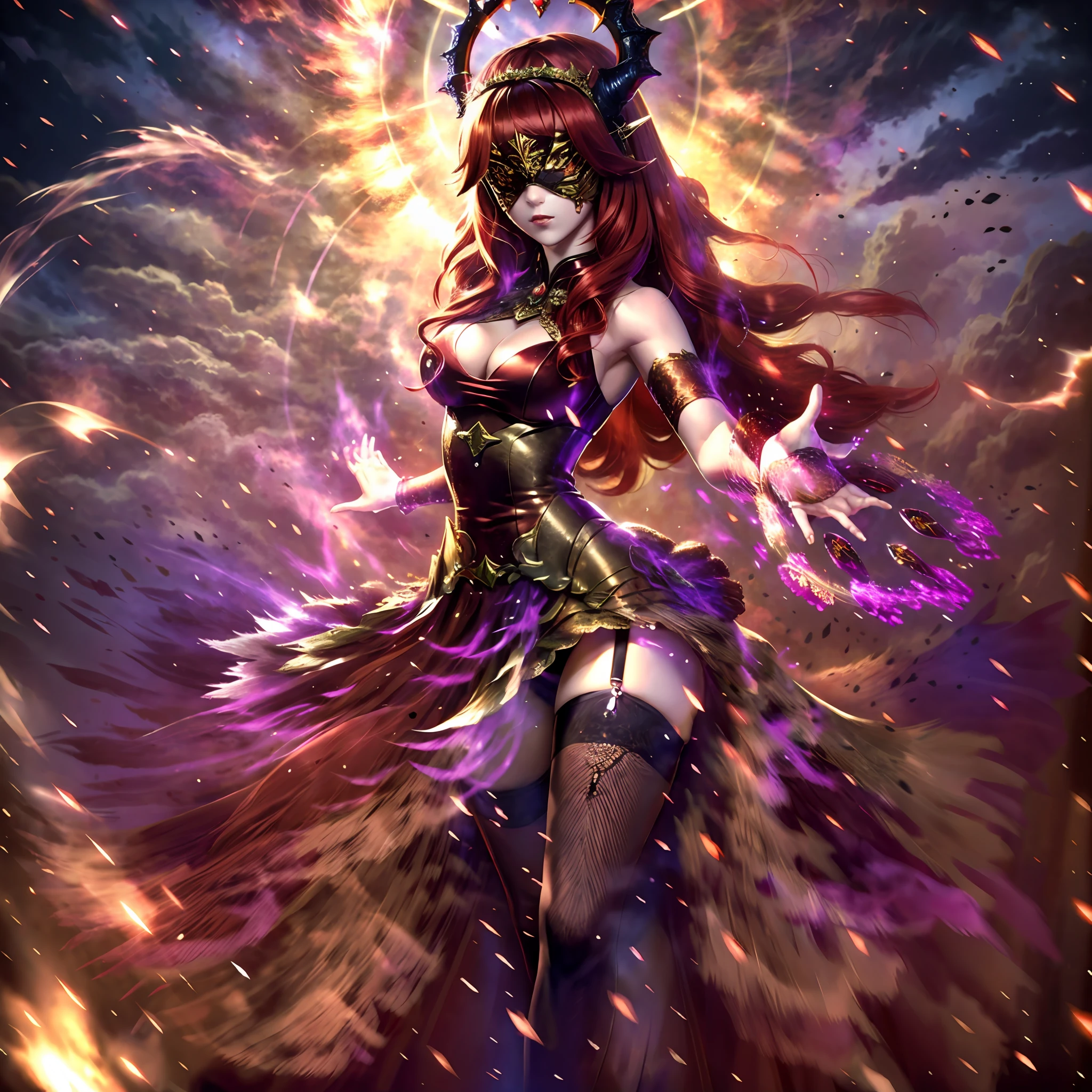 masterpiece, best quality, ultra-detailed, backlighting, (long shot:1.3), (scenery:1.2), 1girl wearing a halo mask, full body, standing, long hair, casting spells, fantasy, necromancy, red power, mage, fire power, (tri tails), disheveled hair, demon horns, (red hair), expressionless, gothic dress, bridal gauntlets, bursting breasts, cleavage cutout, garter straps, thighhighs, surrounded by fire and flames, black background, aurora