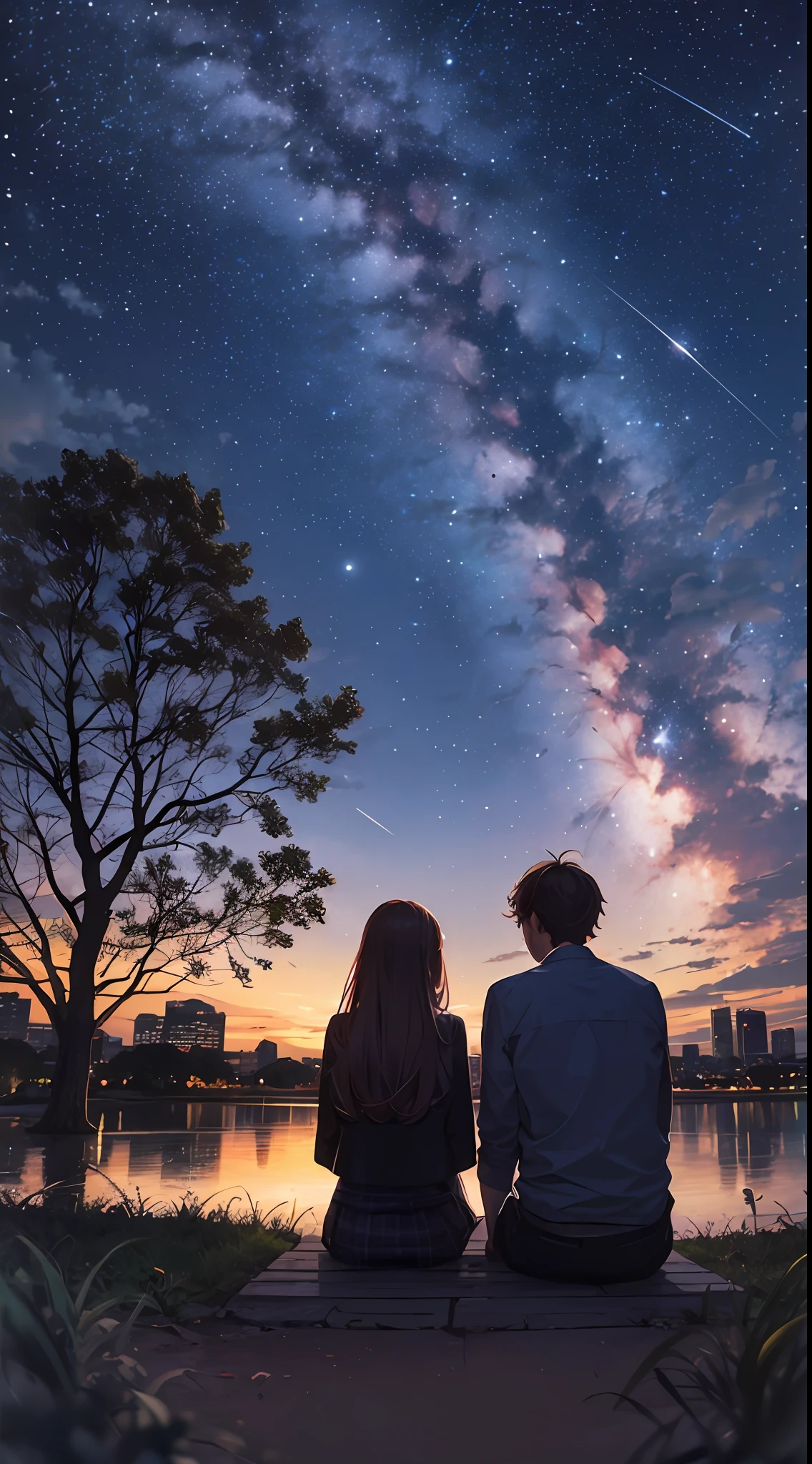 octans, sky, star (sky), scenery, starry sky, night, 1girl, 1boy, couple, love, night sky, solo, outdoors, building, cloud, milky way, sitting, tree, long hair, city, silhouette, cityscape --auto --s2
