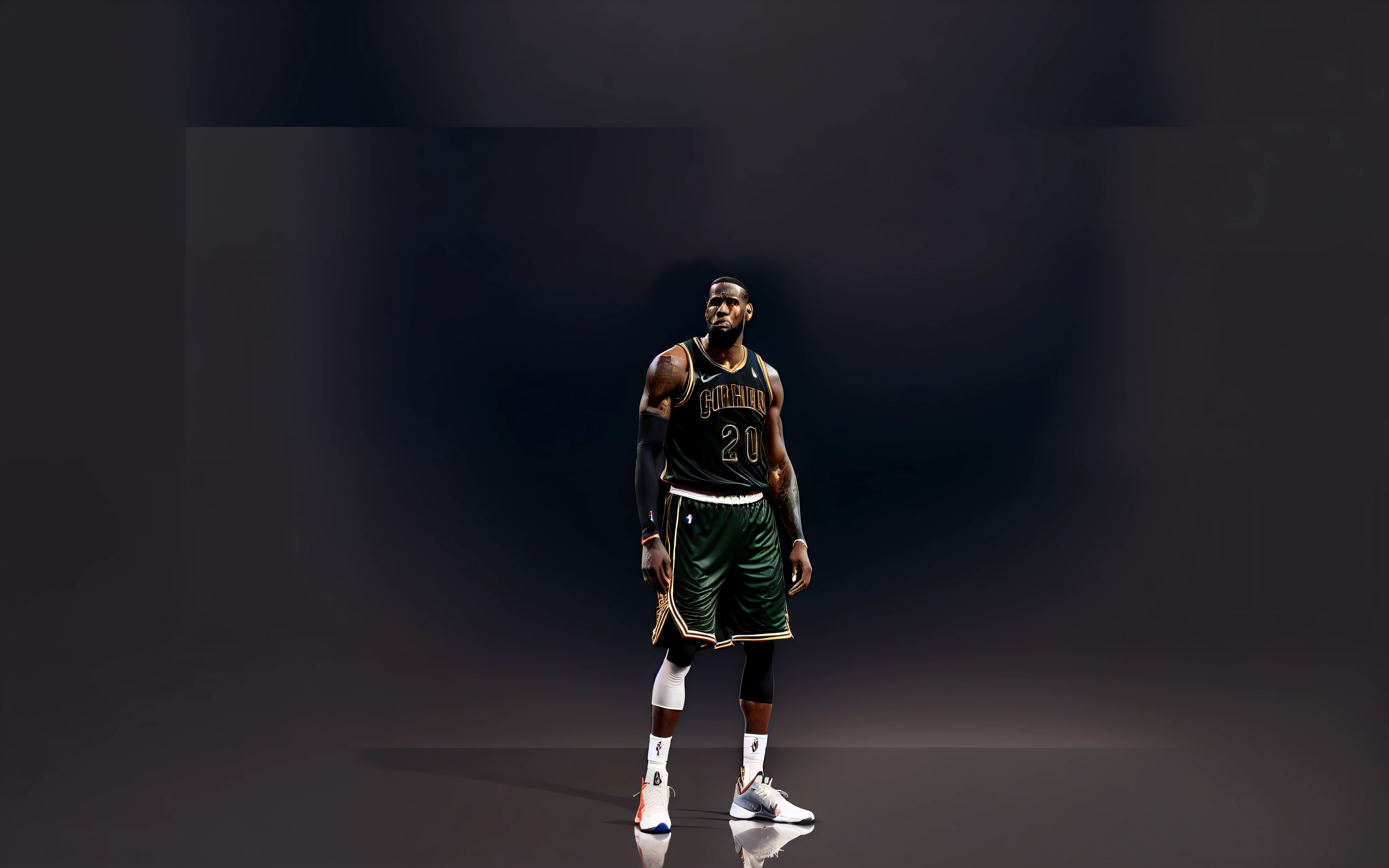 ((best quality)), realistic render, NBA basketball, LeBron James, full-body standing pose, powerful and strong, muscular and toned physique, sweat glistening on skin, fierce determination in his eyes, hardwood court, stadium lights, dynamic camera angle.
