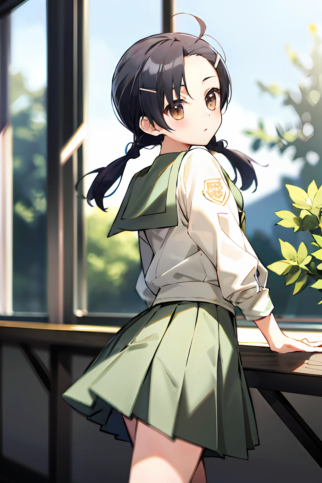 absurdres, best quality, 1girl, kuranaga kozue, school uniform, twintails, hairclip
