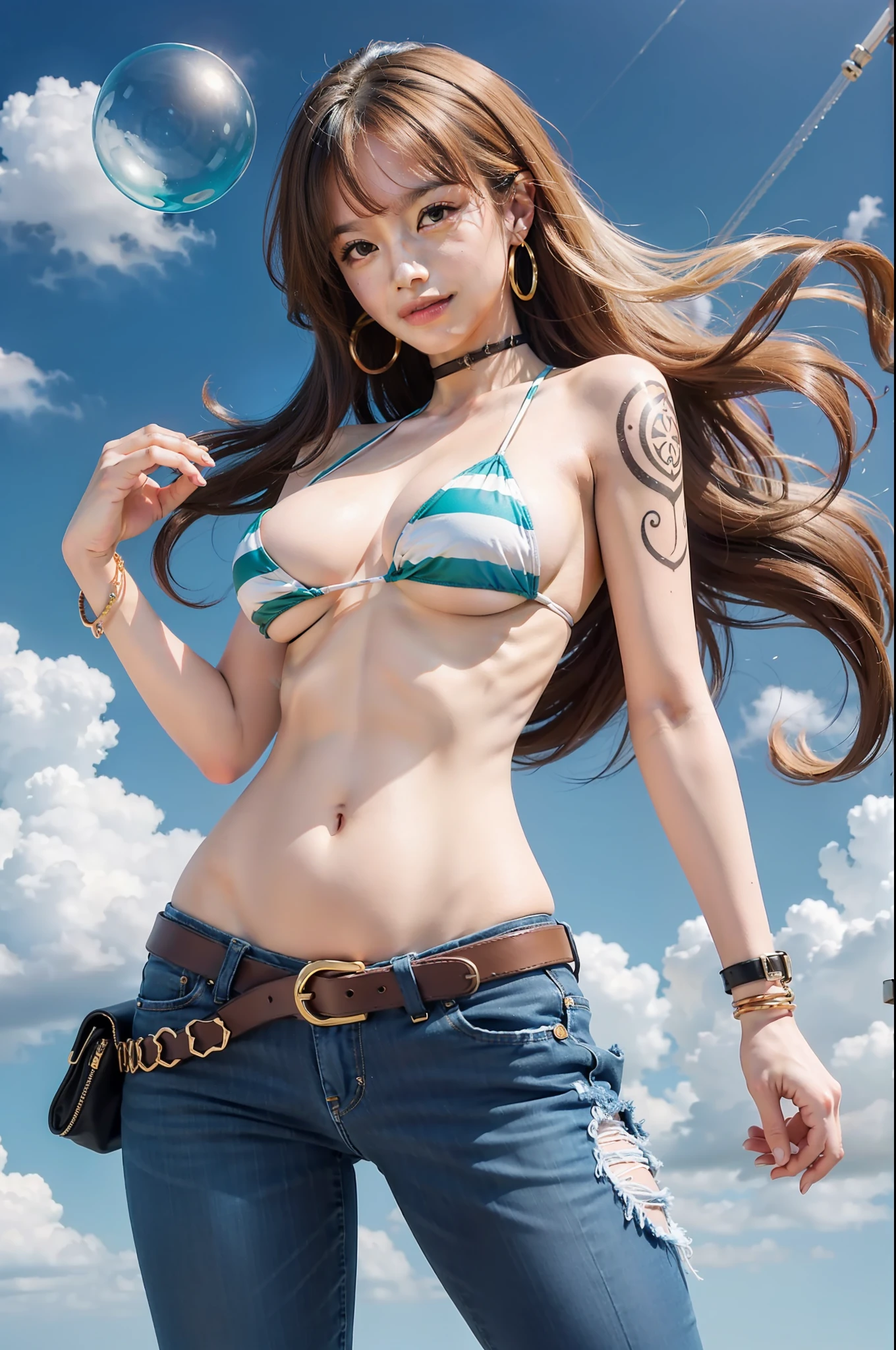 super high resolution, dramatic angle, nami \(one piece\), 1girl, bangle, bangs, bare shoulders, belt, bikini, bikini top only, blue sky, bracelet, breasts, brown eyes, bubble, cleavage, cloud, cowboy shot, day, denim, earrings, floating hair, green belt, green bikini, groin, jeans, jewelry, large breasts, log pose, long hair, looking at viewer, navel, orange hair, pants, shoulder tattoo, sidelocks, sky, smile, solo, standing, stomach, swimsuit, tattoo , ((masterpiece))