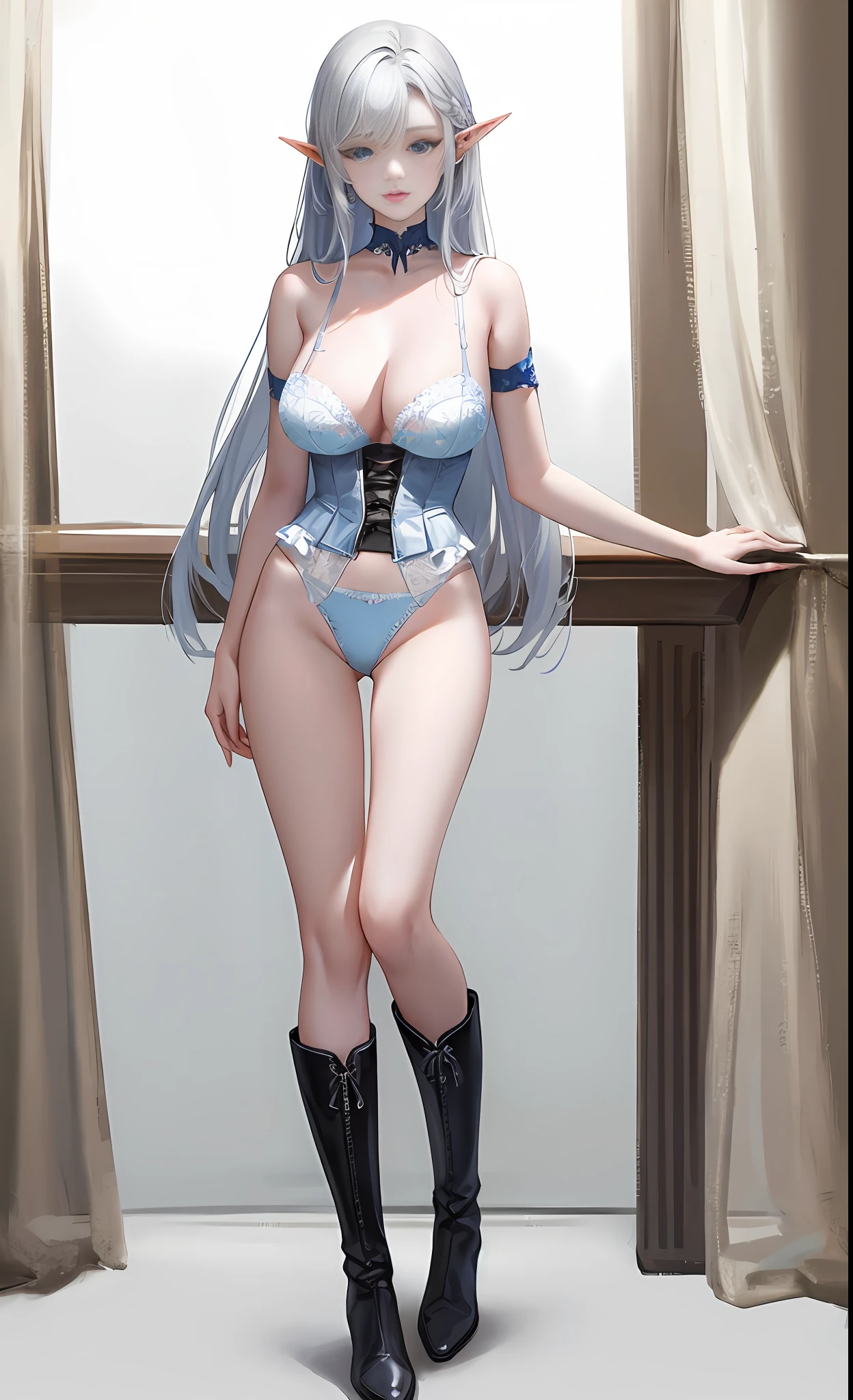 [white color:Blue:0.65] theme，杰作，to stand，A masterpiece of a mature woman，Detailed visual art，（Detailed eyes：1.3），Blue eyes，Long silver hair，eyeshadows，Elf ears，fcollarbone，Royal Queen，elegantly，White corset underwear，naked shoulders, Big tits:1.3, opening crotch, Thigh seams, groin, Long boots，[NSFW|Uncensored], (background simple:1.1) , Low wing,The whole body